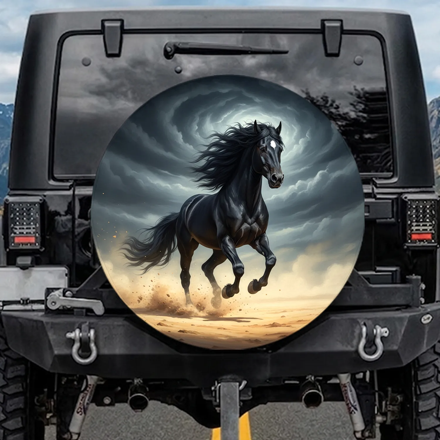 Magnificent Black Horse Galloping Stormy Sky - Wildlife Lover Gift for Horse Lover Spare Tire Cover - 1