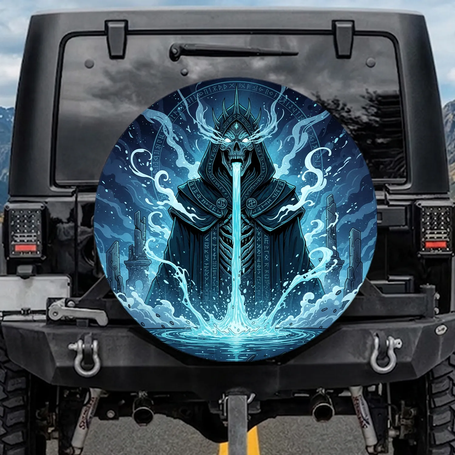 Crowned Skeletal Figure Ethereal Stream Cryptic Runes - Travel Essentials Gift Spare Tire Cover - 1