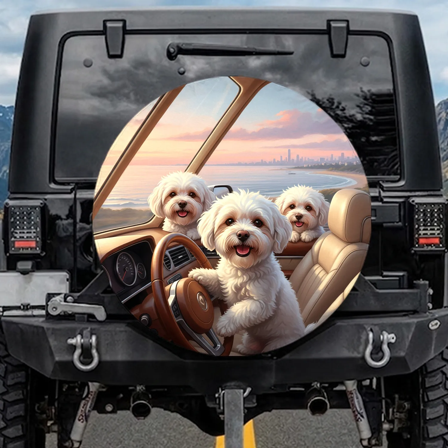 White Dogs Driving Luxury Car Coastal Sunset Scene - Travel Essentials Spare Tire Cover - 1