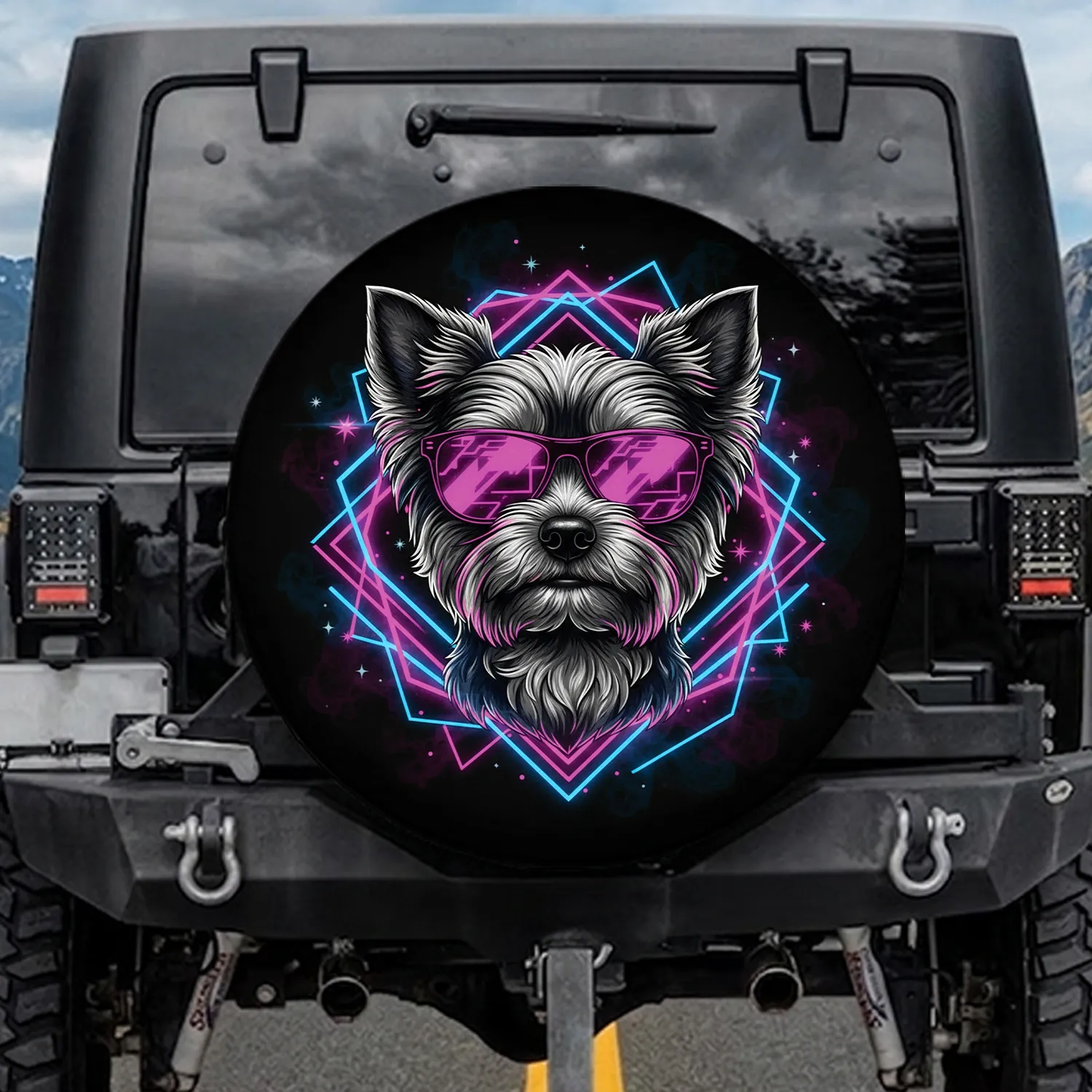 Yorkshire Terrier Hot Pink Sunglasses Neon Geometric Lights Smoke Background - Dog Lover Gift Spare Tire Cover - 1