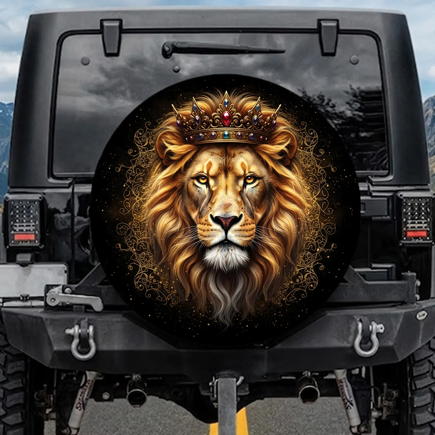 Lion Head Ornate Crown Jewels Golden Filigree - Regal Wildlife Gift Spare Tire Cover - 1