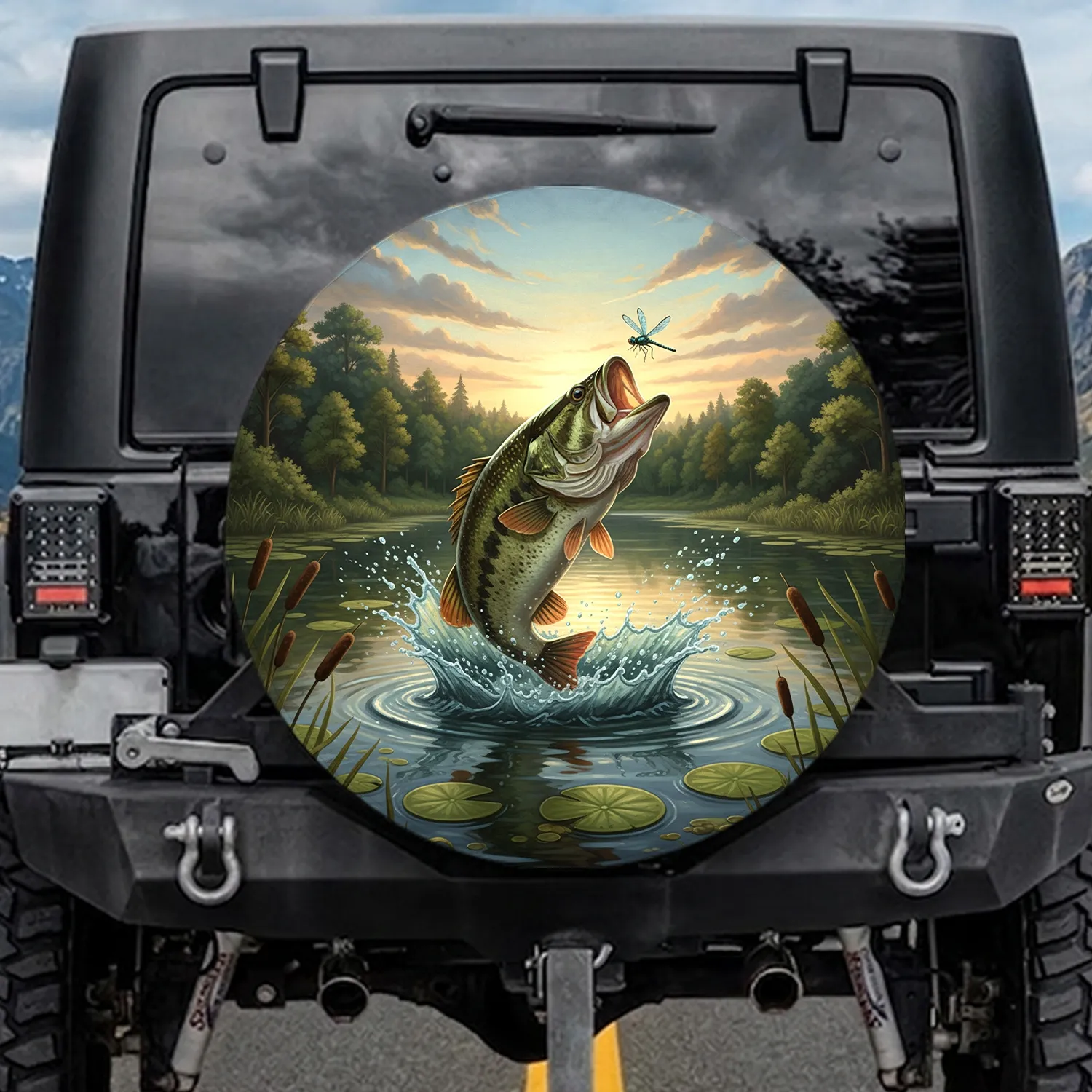 Largemouth Bass Dragonfly Leaping Freshwater Lake Lily Pads Sky - Wildlife Lover Gift Spare Tire Cover - 1
