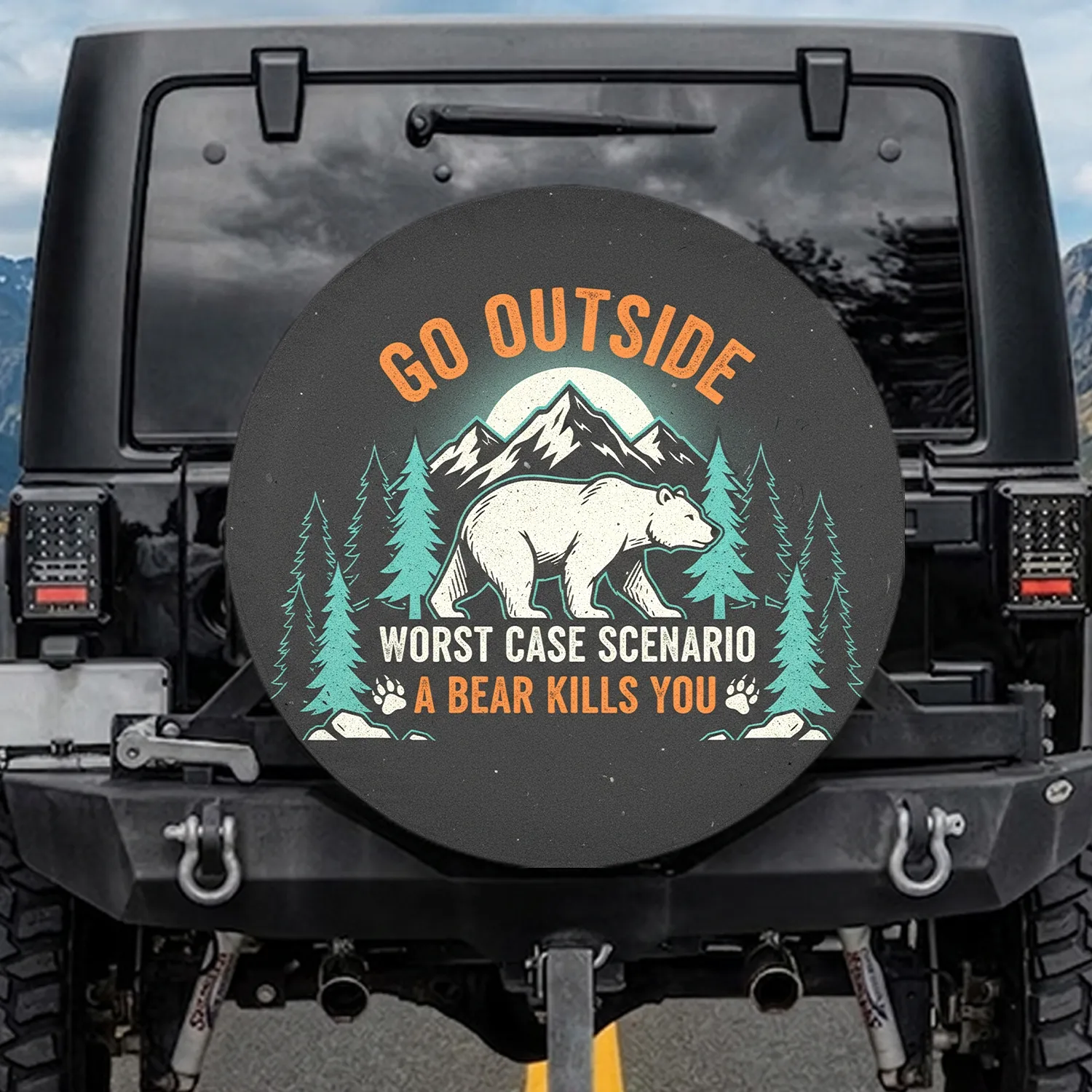 White Bear Mountains 'Go Outside Worst Case Scenario' Message - Outdoor Lifestyle Gift Spare Tire Cover - 1
