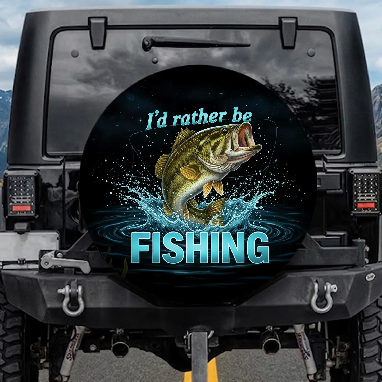 Bass Fish I'd Rather Be Fishing Text - Fishing Lover Gift for Anglers Spare Tire Cover - 1