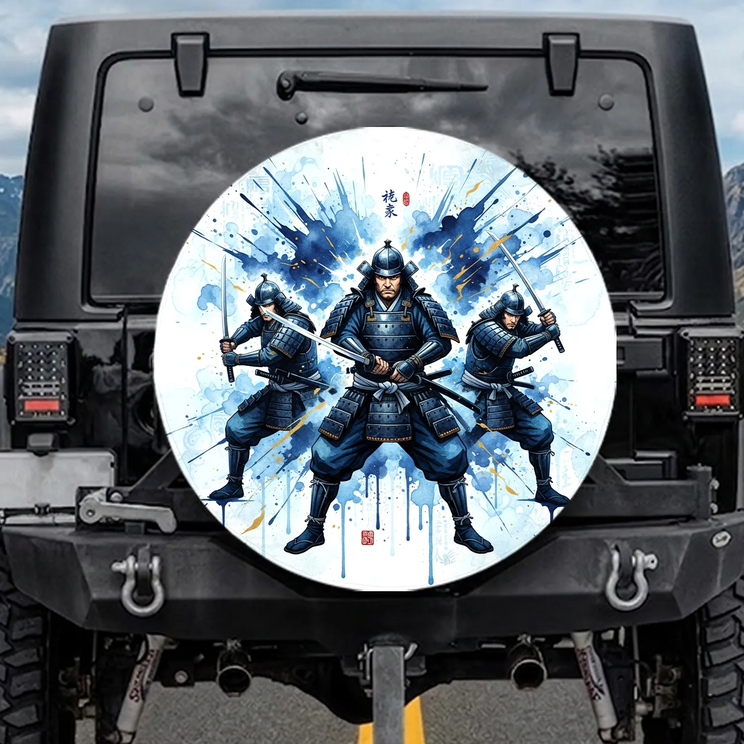 Three Samurai Warriors Katana Ink Splatter - Vehicle Decor Gift for History Buffs Spare Tire Cover - 1