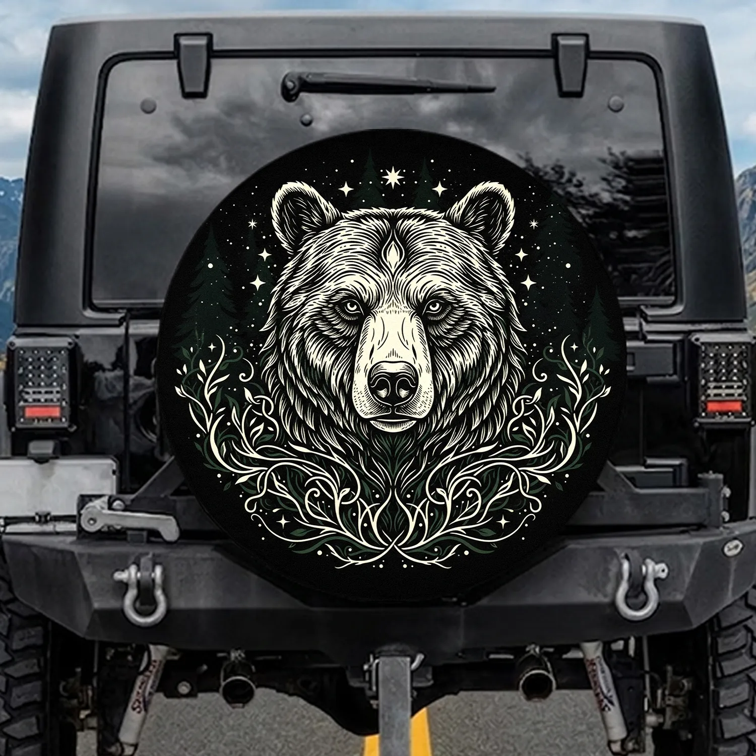 Bear Head Stars Forest Foliage Midnight Sky - Wildlife Lover Gift for Outdoor Enthusiast Spare Tire Cover - 1