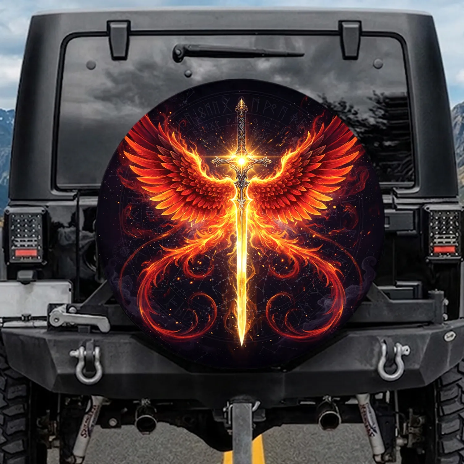 Ornate Sword Glowing Golden Blade Fiery Phoenix Wings Magical Energy Embers - Travel Essentials Gift Spare Tire Cover - 1