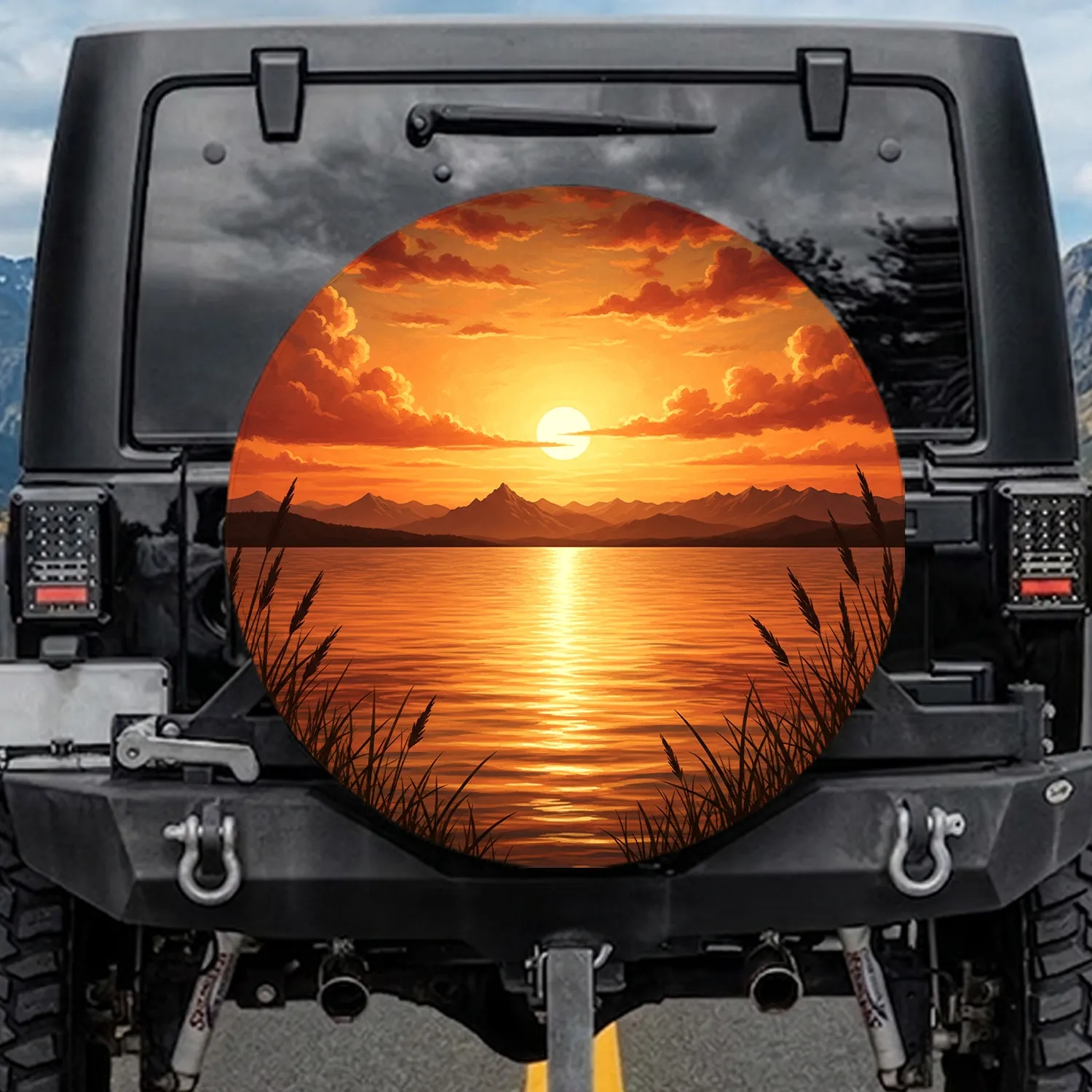 Fiery Sunset Shoreline Water Reeds - Home Decor Gift for Nature Lover Spare Tire Cover - 1