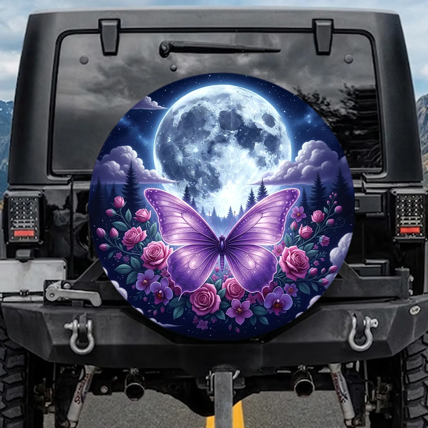 Purple Butterfly Full Moon Flowers Stars - Wildlife Lover Gift for Butterfly Lover Spare Tire Cover - 1
