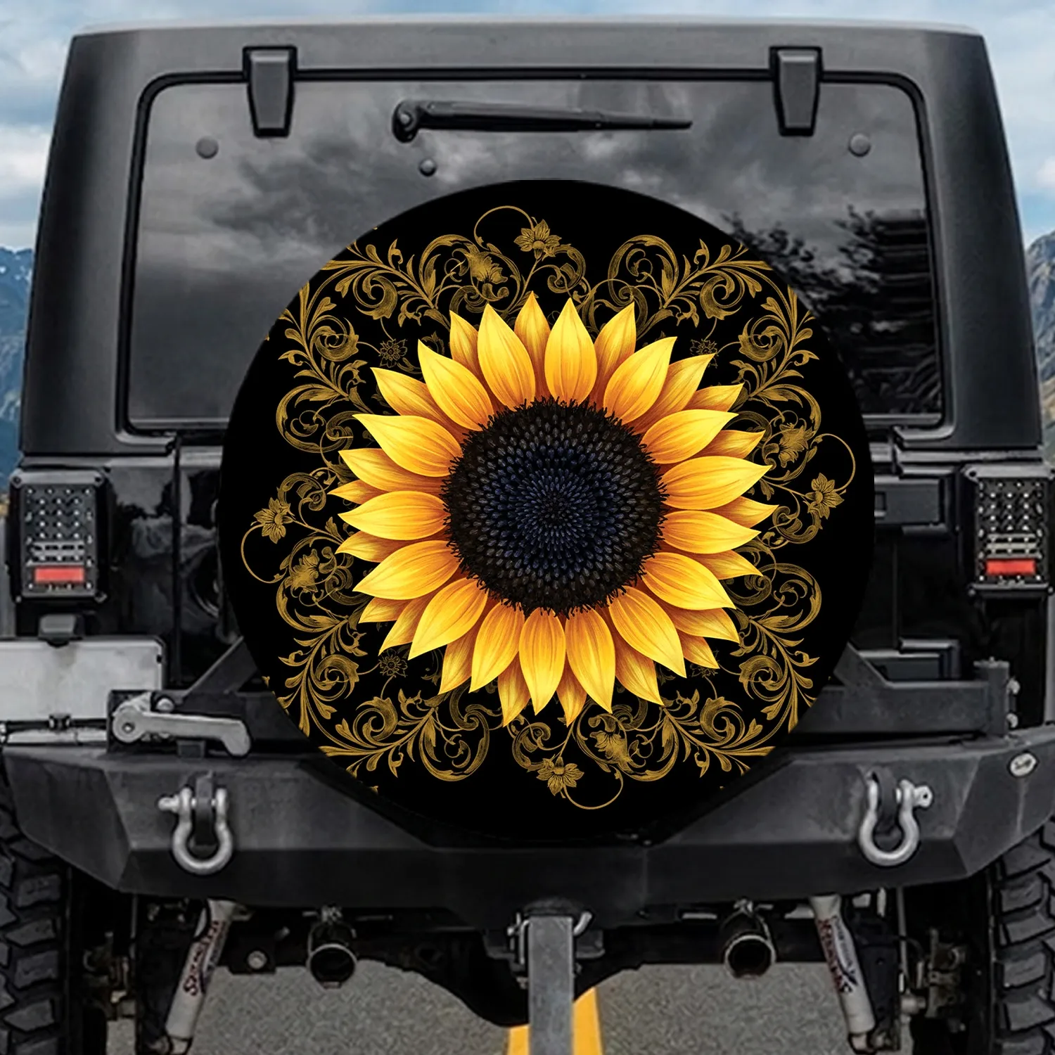 Sunflower Golden Vines Leaves Floral Black - Home Decor Gift Spare Tire Cover - 1