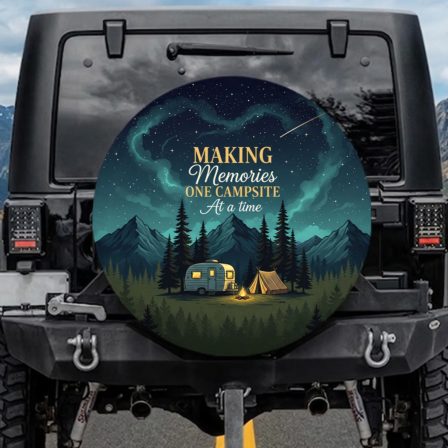 Retro Travel Trailer Campsite Starry Mountain Night Scene Outdoor Adventure Gift for Campers Spare Tire Cover - 1