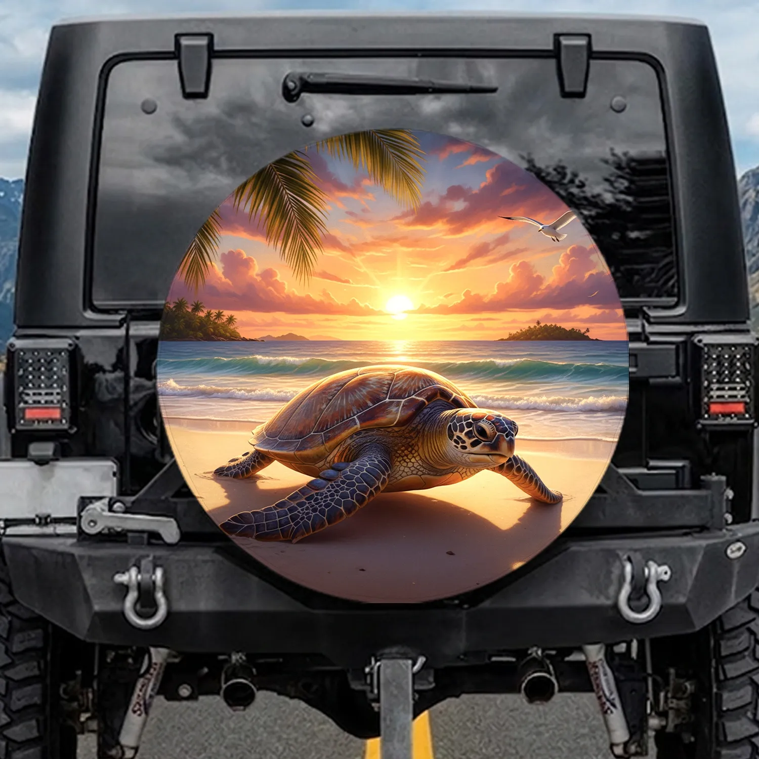 Sea Turtle Beach Sunset Tropical Palm Fronds - Ocean Lover Travel Gift Spare Tire Cover - 1