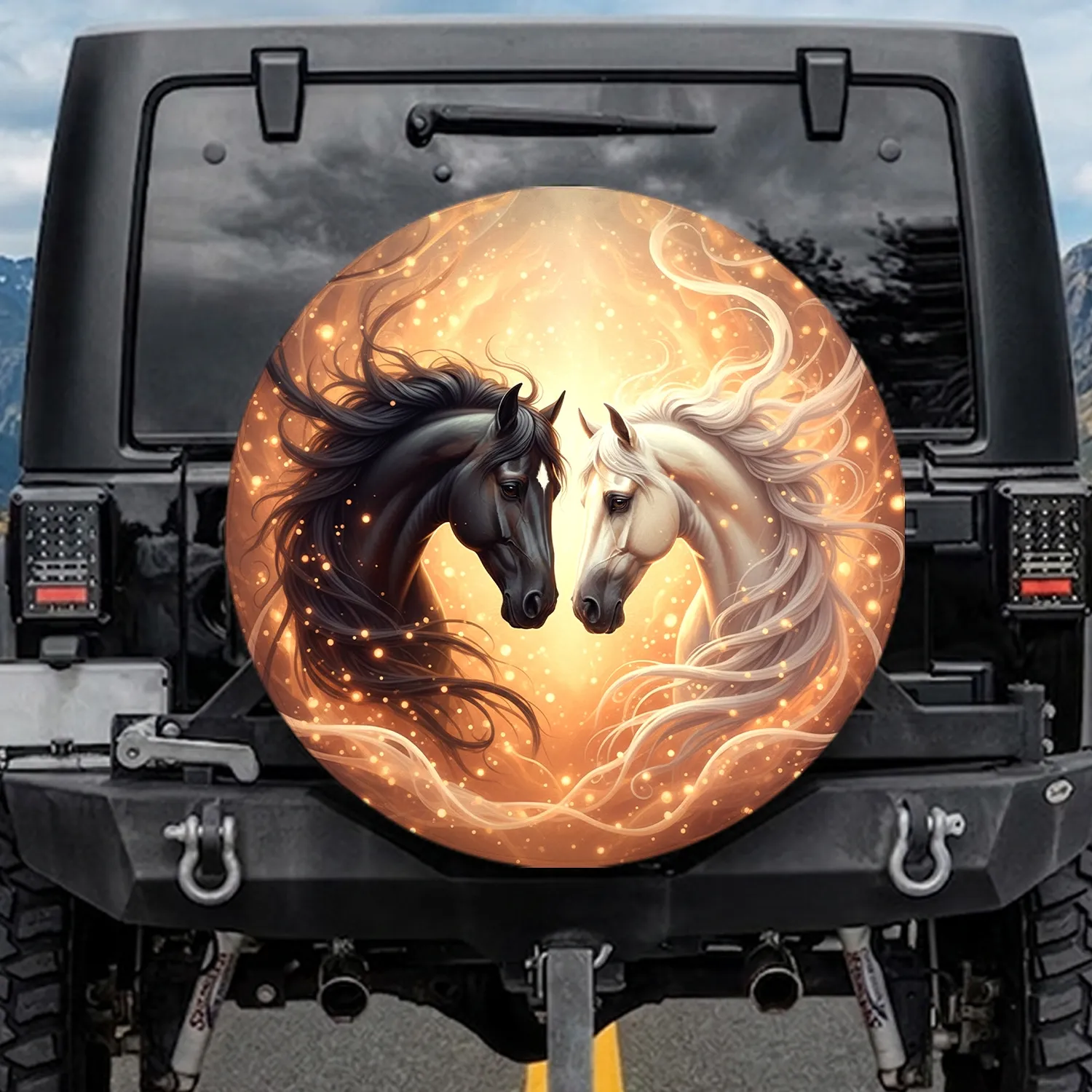 Two Horse Heads Intertwined Manes Glowing Particles - Wildlife Lover Gift Spare Tire Cover - 1