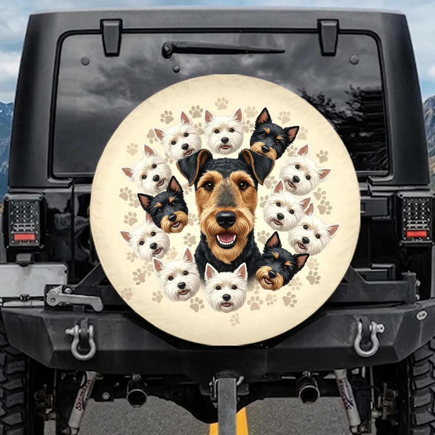 Black Tan Terrier Westie Heads Paw Prints - Dog Lover Gift Spare Tire Cover - 1