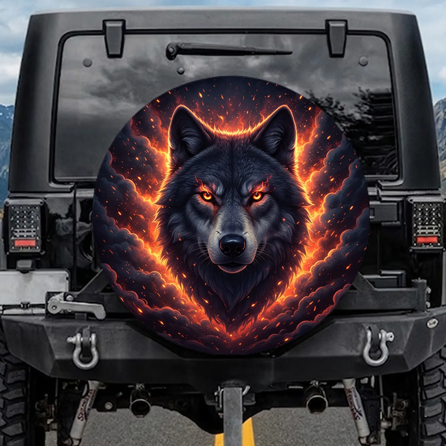 Alpha Wolf Head Fiery Smoke Glowing Embers Dark Abyss Swirling Energy - Wildlife Lover Gift Spare Tire Cover - 1