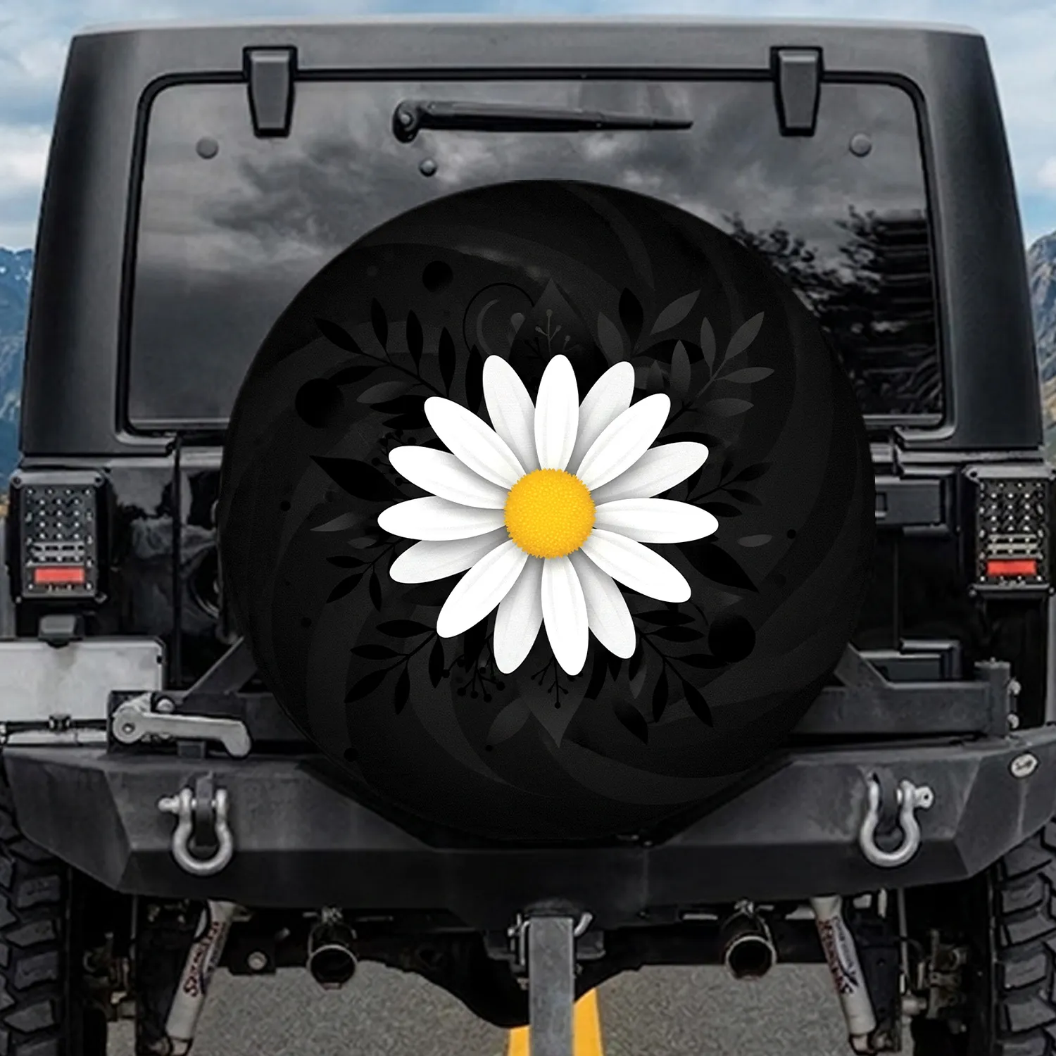 White Daisy Yellow Stamen Dark Botanical Leaves Organic Forms - Garden Lover Gift Spare Tire Cover - 1