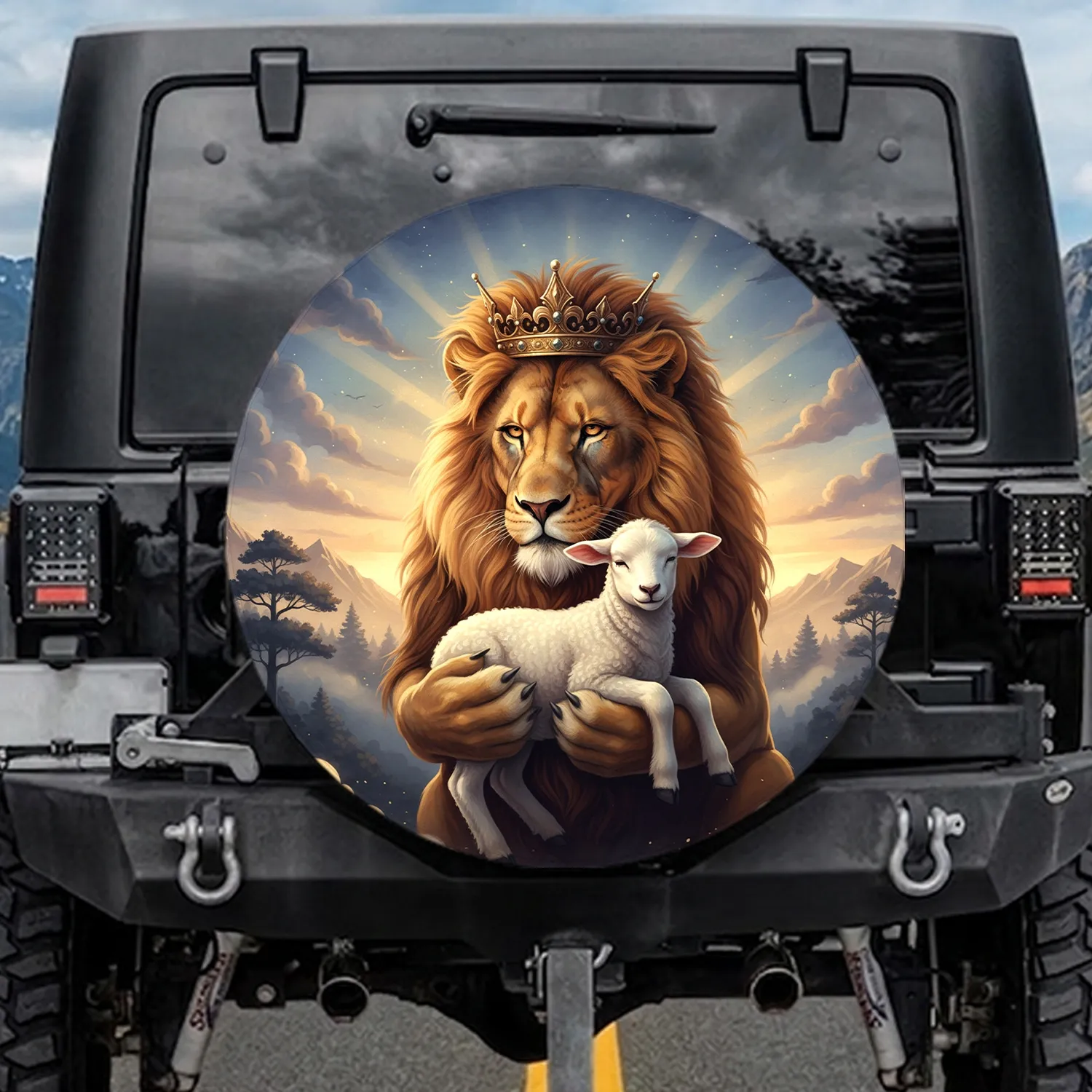 Protective Lion Lamb Crown Mountain Twilight Sky - Wildlife Lover Gift Spare Tire Cover - 1