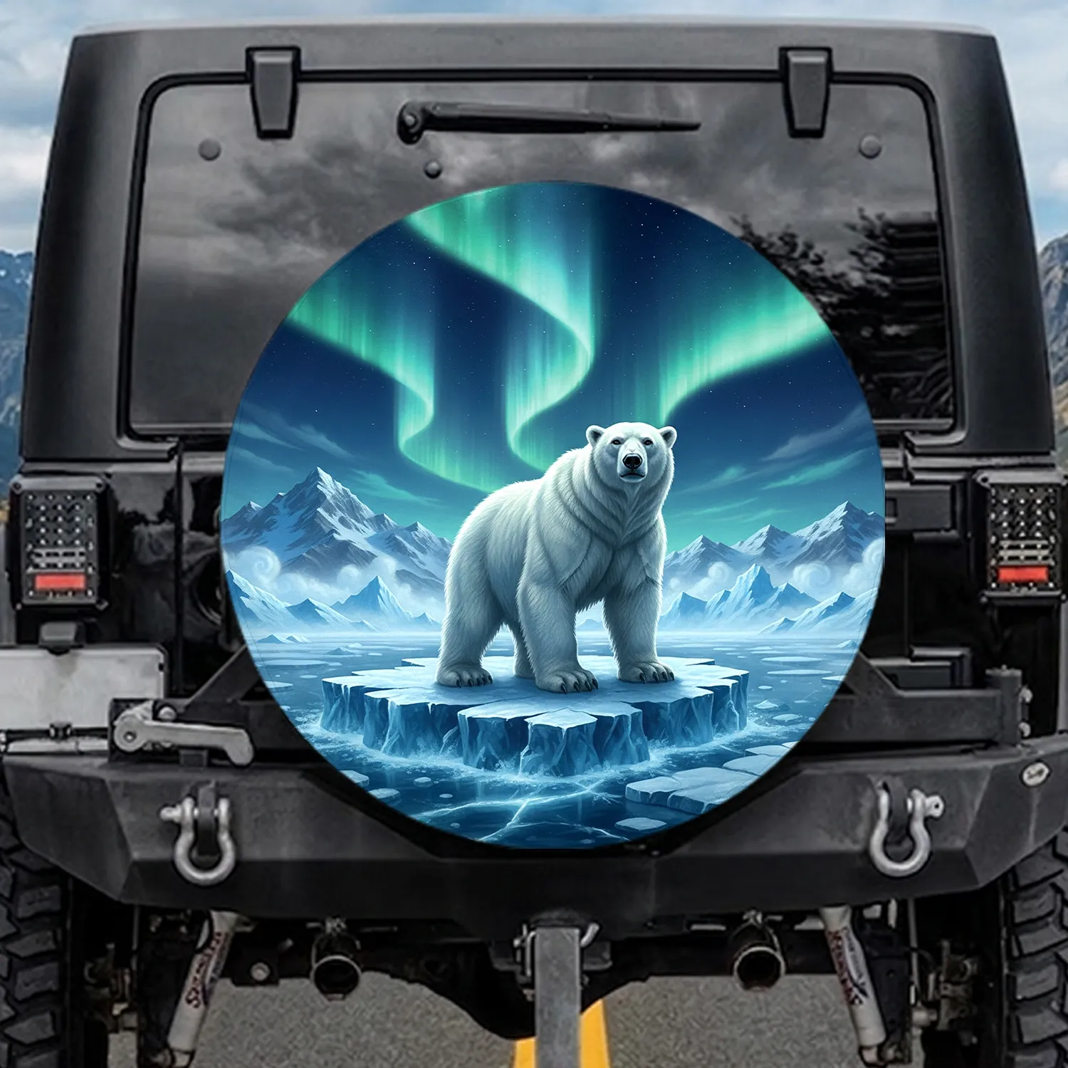 Arctic Polar Bear Aurora Borealis Iceberg Scene - Wildlife Lover Outdoor Gift Spare Tire Cover - 1