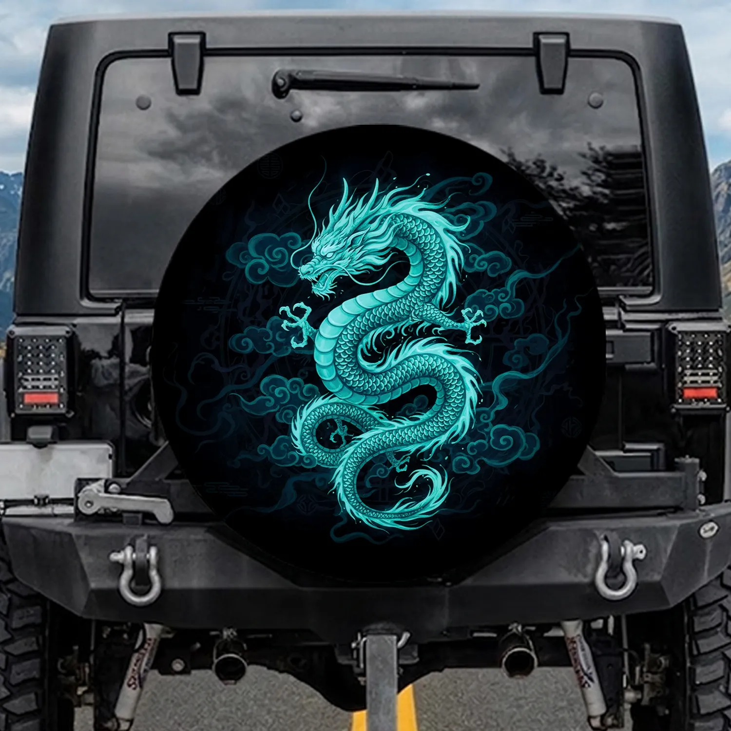 Eastern Dragon Glowing Teal Turquoise - Dragon Lover Home Decor Gift Spare Tire Cover - 1