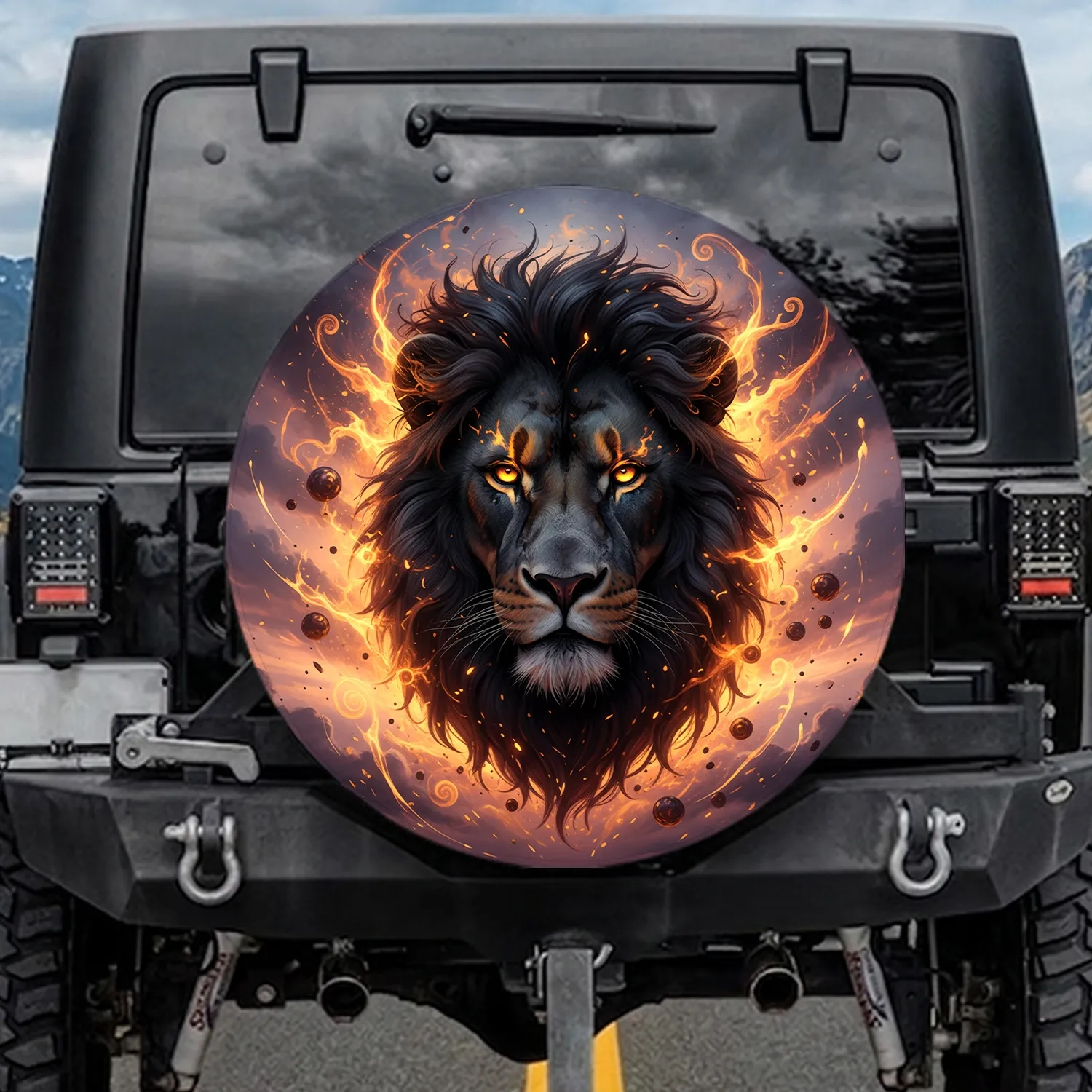 Black Lion Head Fiery Mane Glowing Eyes Twilight Sky - Adventure Seeker Gift Spare Tire Cover - 1