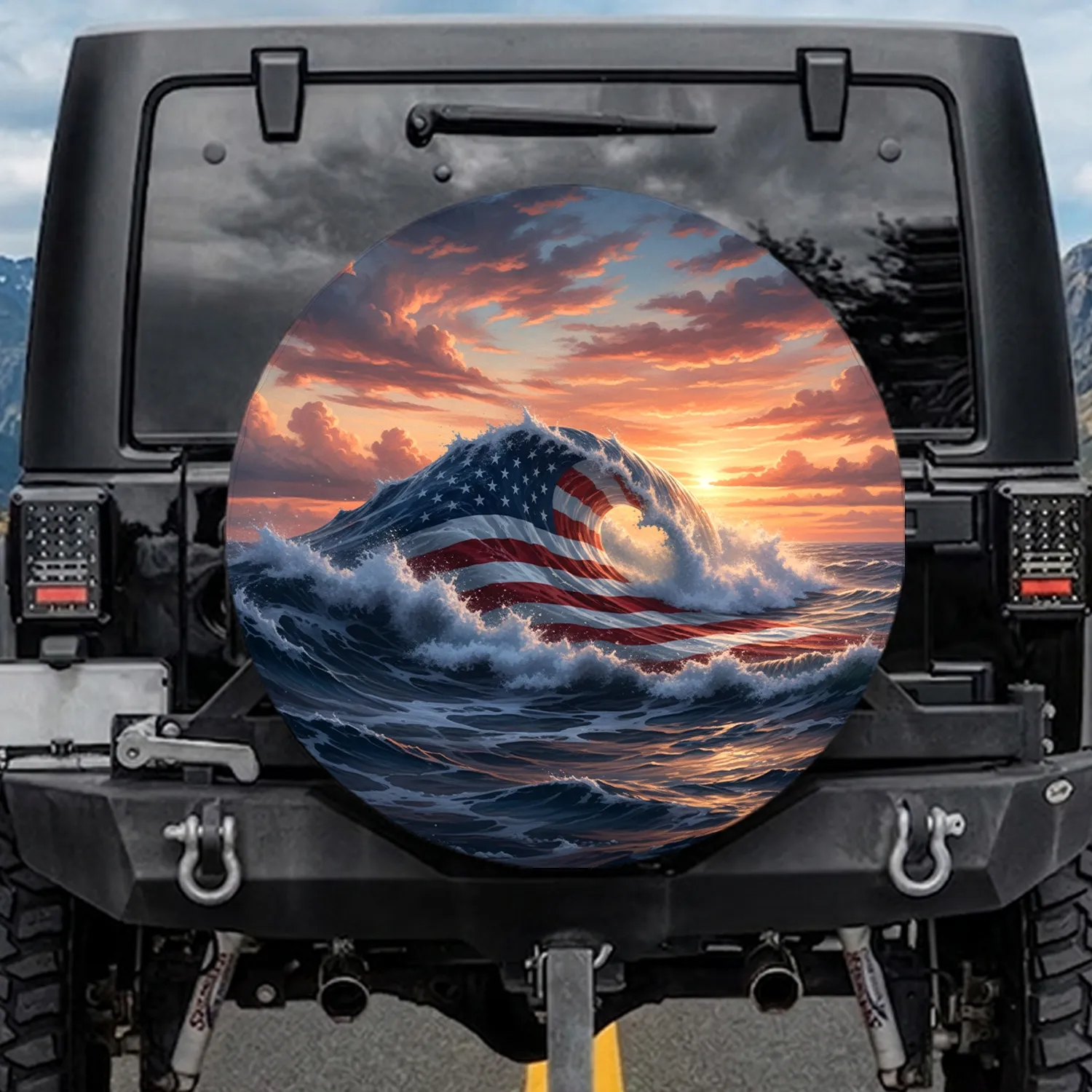 American Flag Ocean Wave Independence Day Gift for Veterans Spare Tire Cover - 1