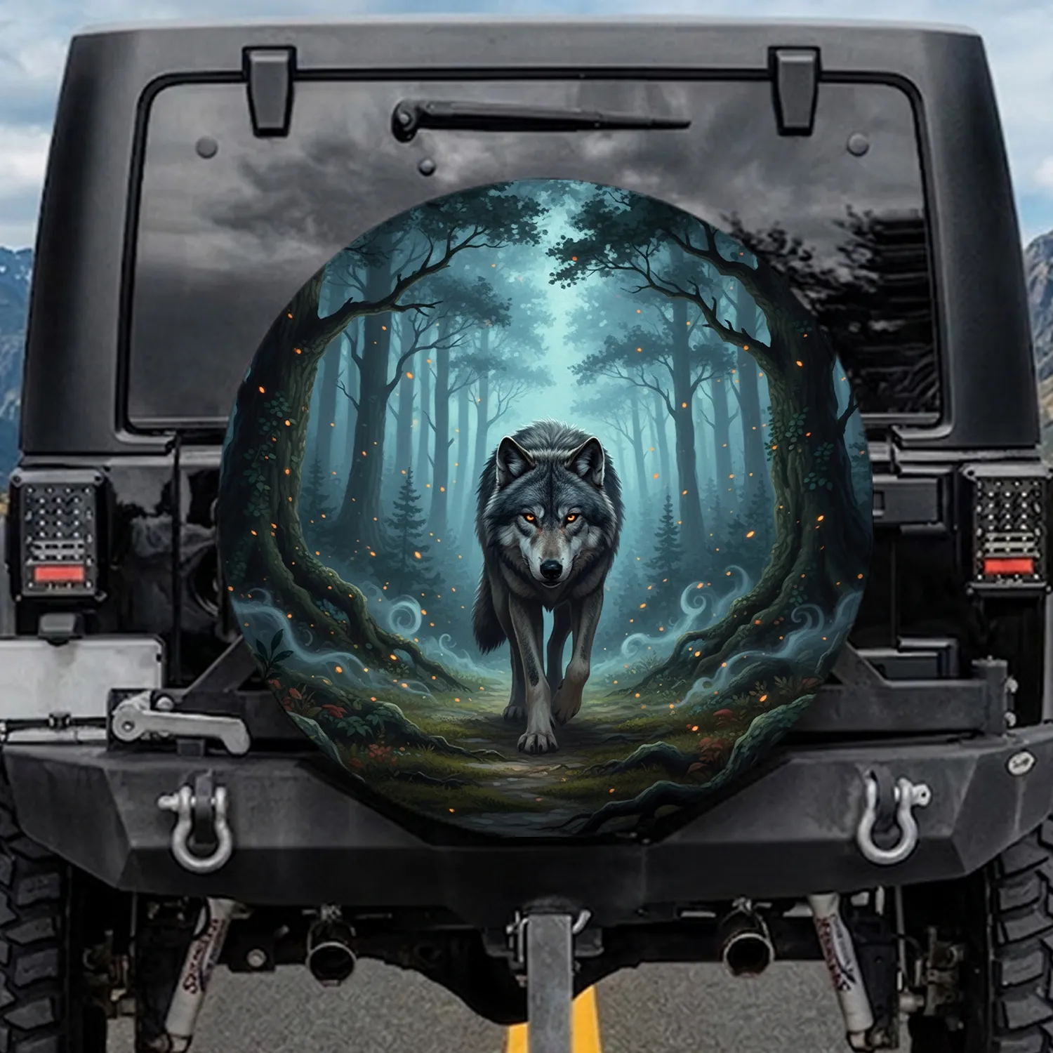 Powerful Grey Wolf Orange Eyes Deep Mystical Forest Path - Wildlife Lover Gift Spare Tire Cover - 1