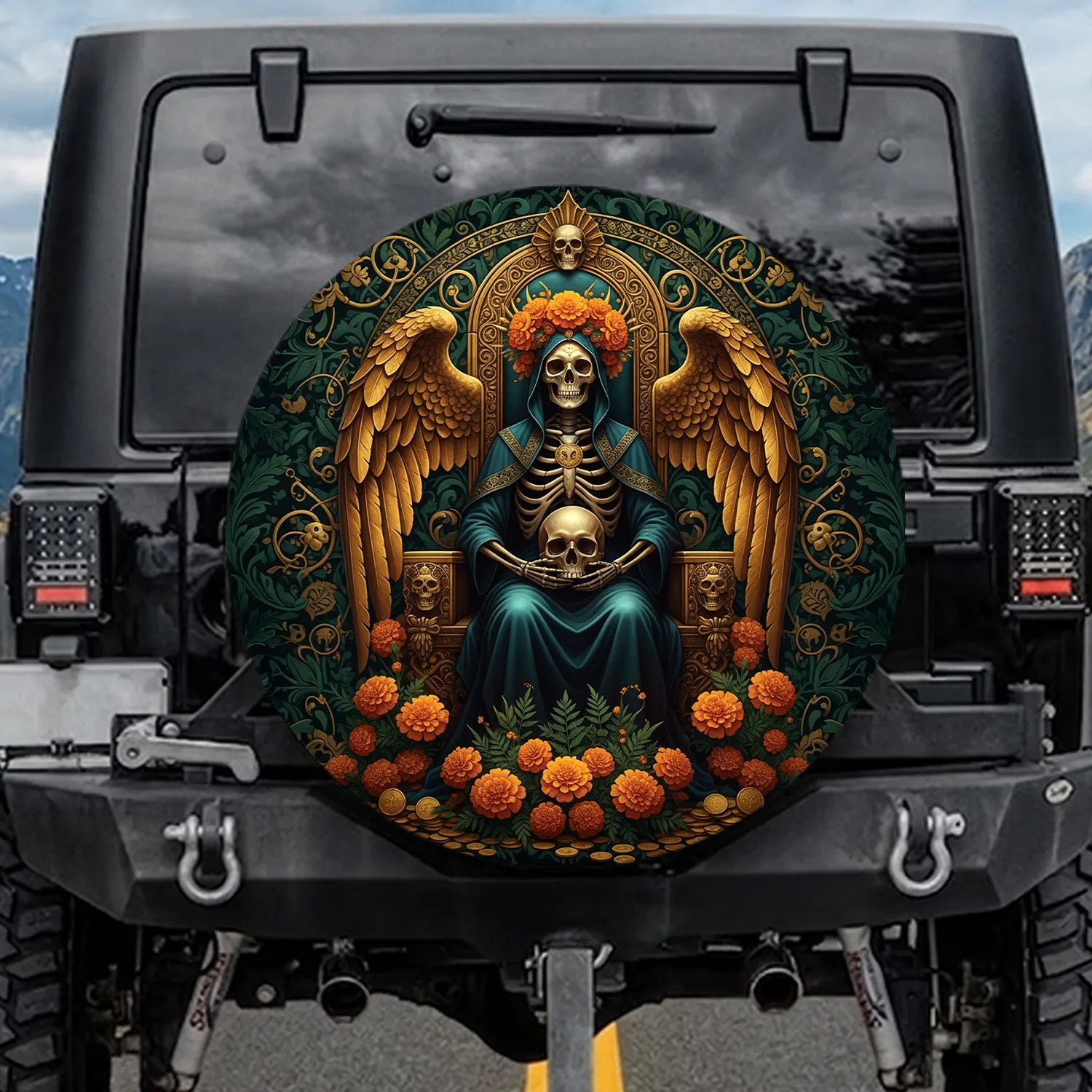 Regal Skeletal Queen Marigold Skull Throne - Día de Muertos Gift for Gothic Art Lover Spare Tire Cover - 1