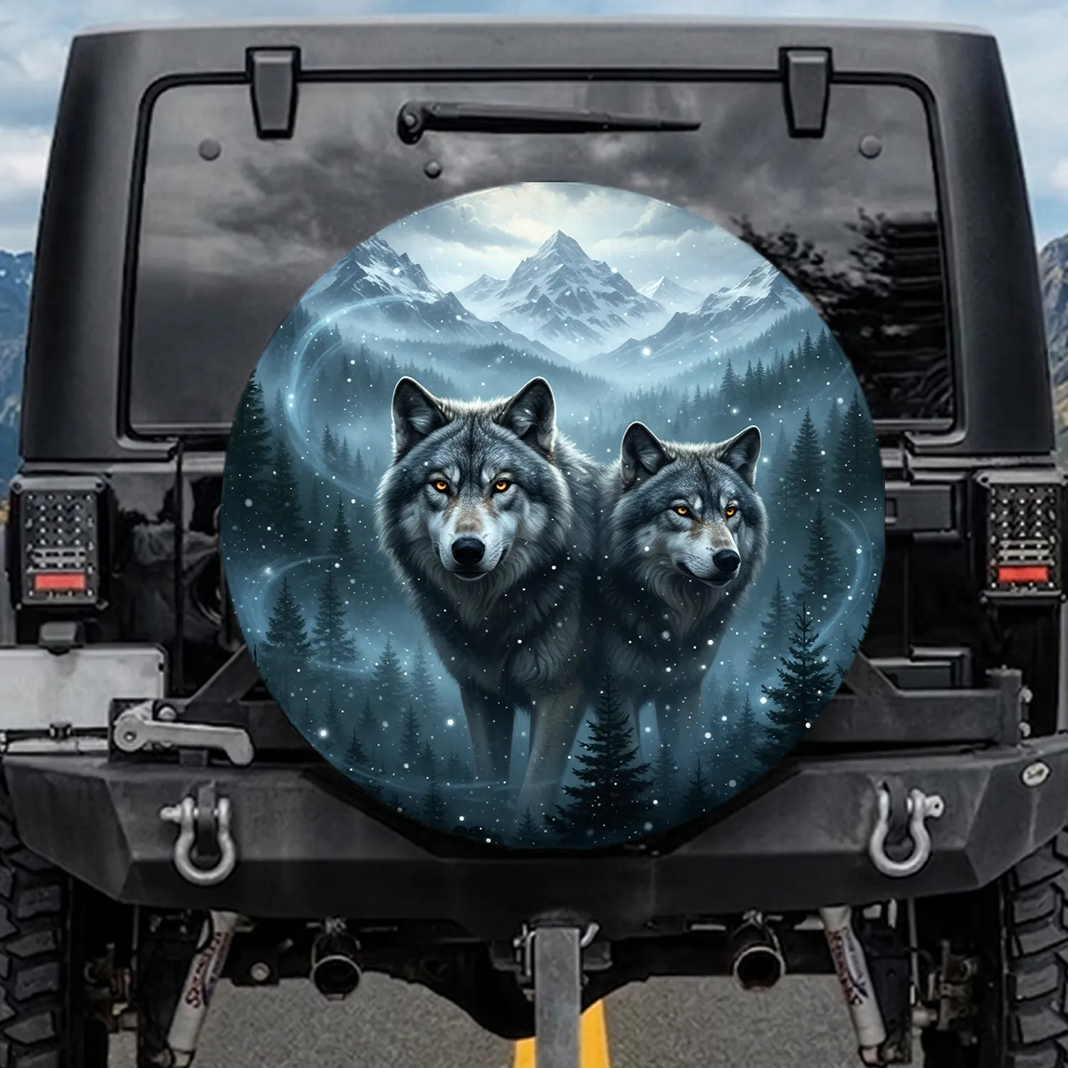 Two Grey Wolves Coniferous Forest Rugged Snow-Capped Mountains - Wildlife Lover Gift Spare Tire Cover - 1