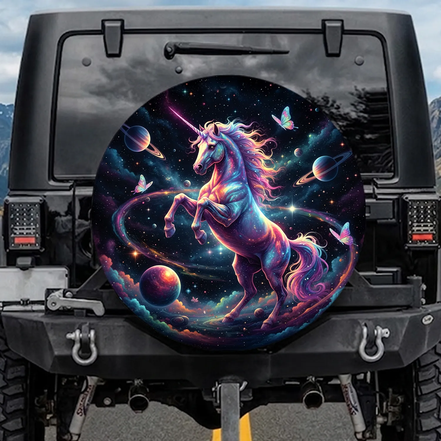 Unicorn Butterflies Planets Starry Sky - Fantasy Lover Gift Spare Tire Cover - 1