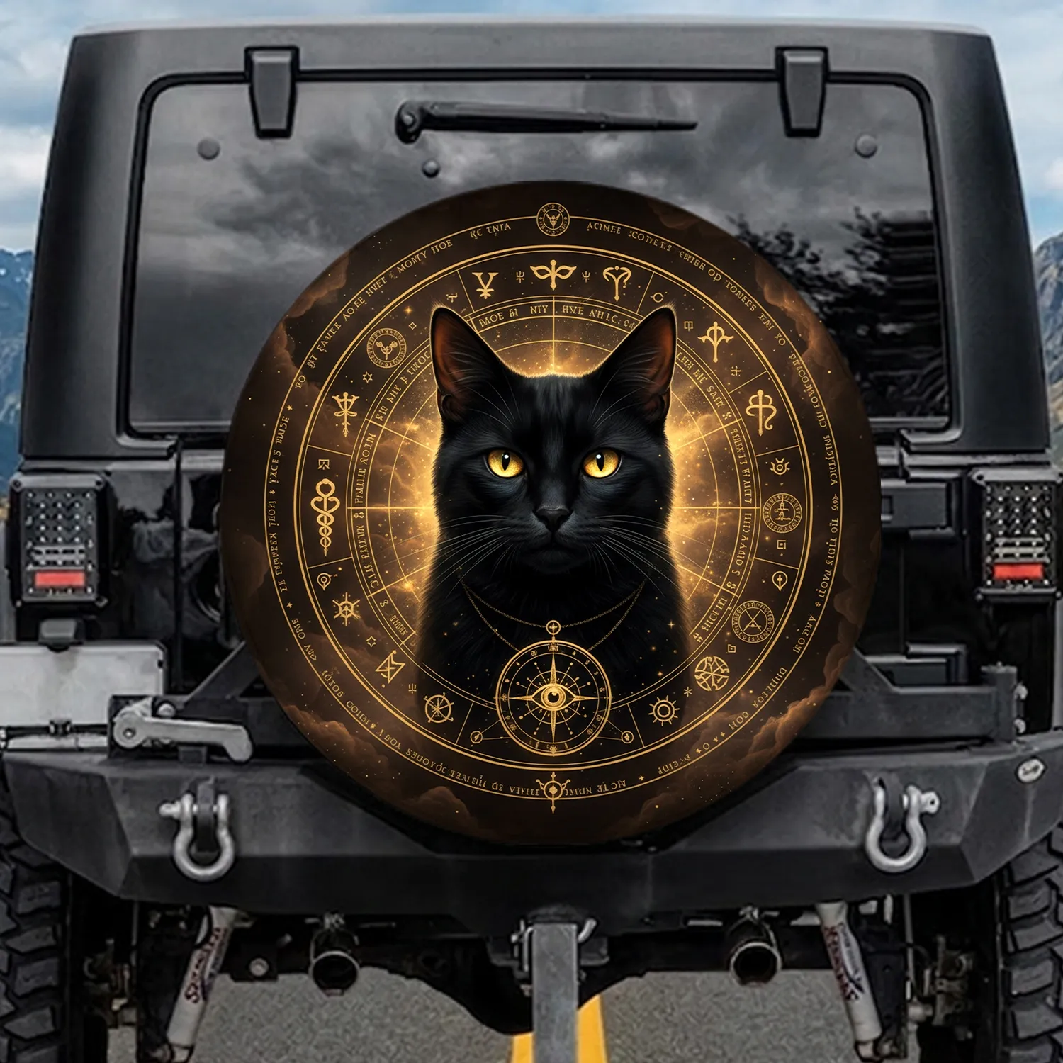 Black Cat Golden Astrological Alchemical Cosmic Nebula Esoteric Home Decor Gift Spare Tire Cover - 1