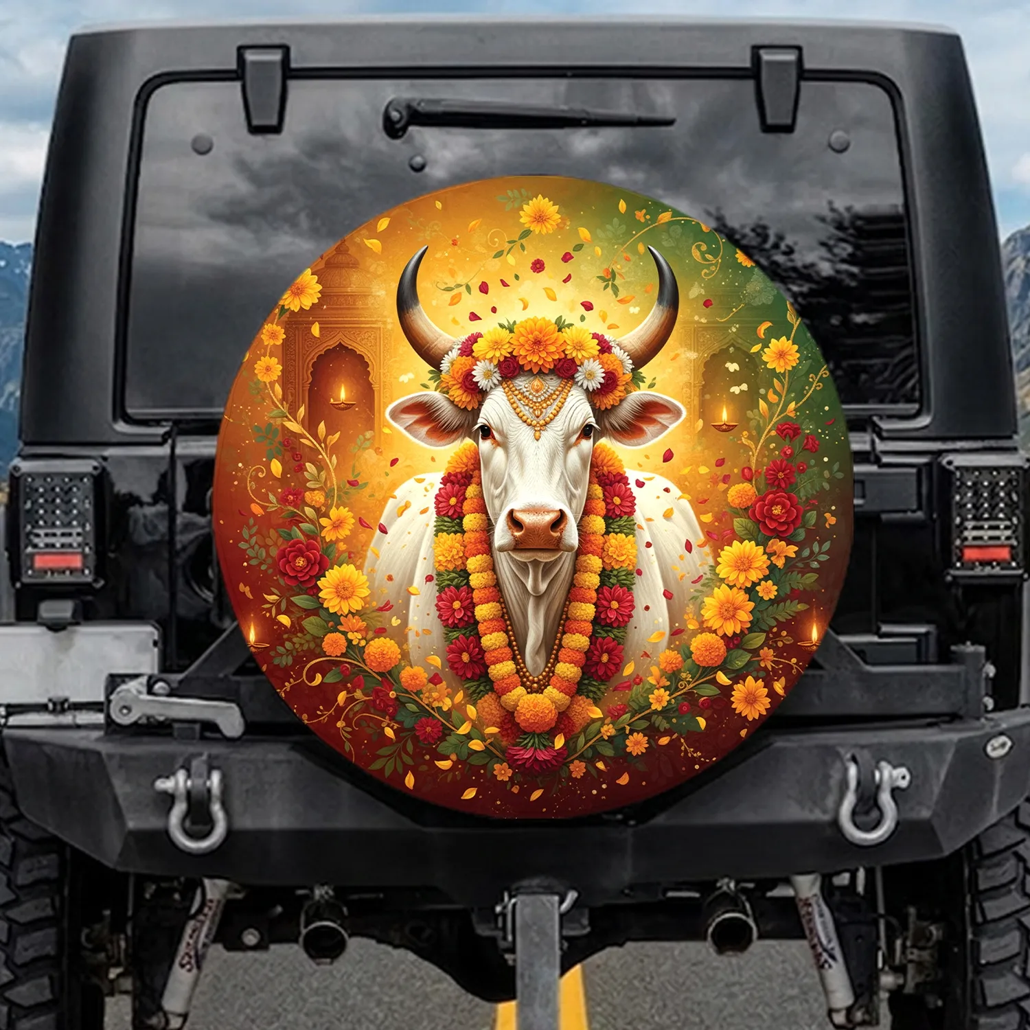 White Zebu Cow Floral Crown - Home Decor Gift for Cow Lover Spare Tire Cover - 1