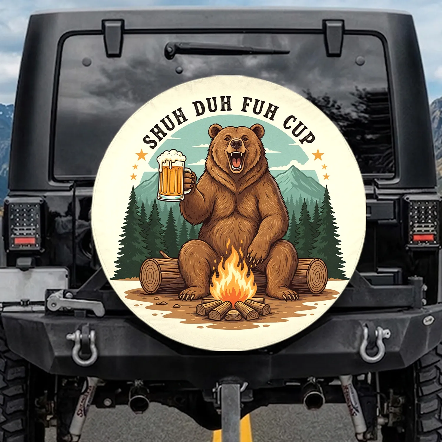 Brown Bear Beer Campfire SHUH DUH FUH CUP Wilderness - Wildlife Lover Gift for Outdoorsmen Spare Tire Cover - 1