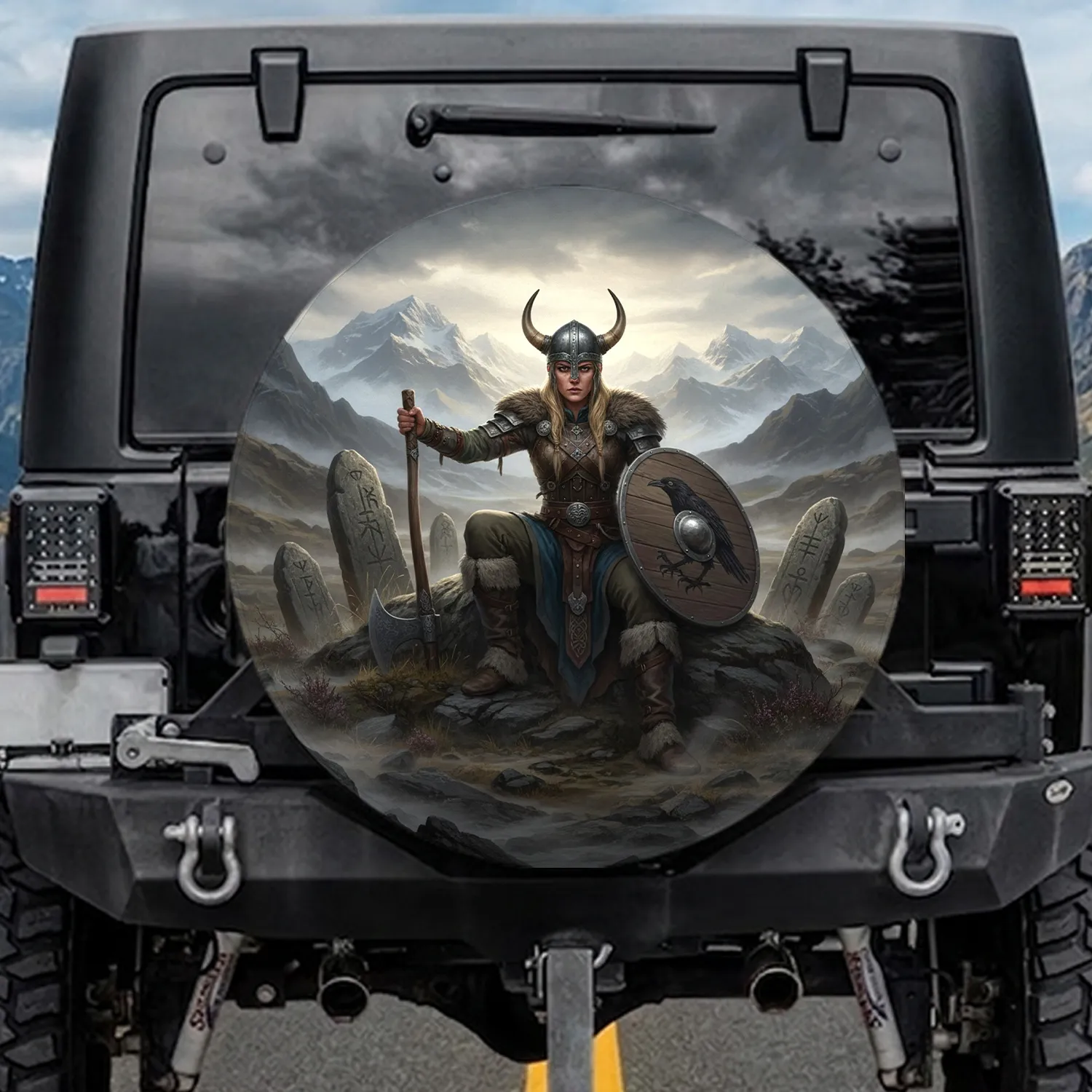 Viking Warrior Woman Rocky Terrain Alpine Peaks - Outdoor Lover Gift Spare Tire Cover - 1