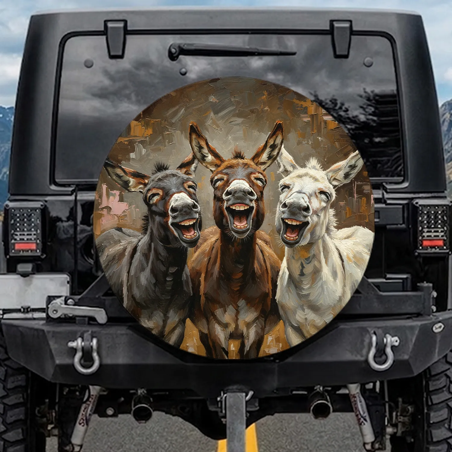 Laughing Donkey Trio Rustic Barn Countryside - Farmhouse Decor Gift for Donkey Lovers Spare Tire Cover - 1