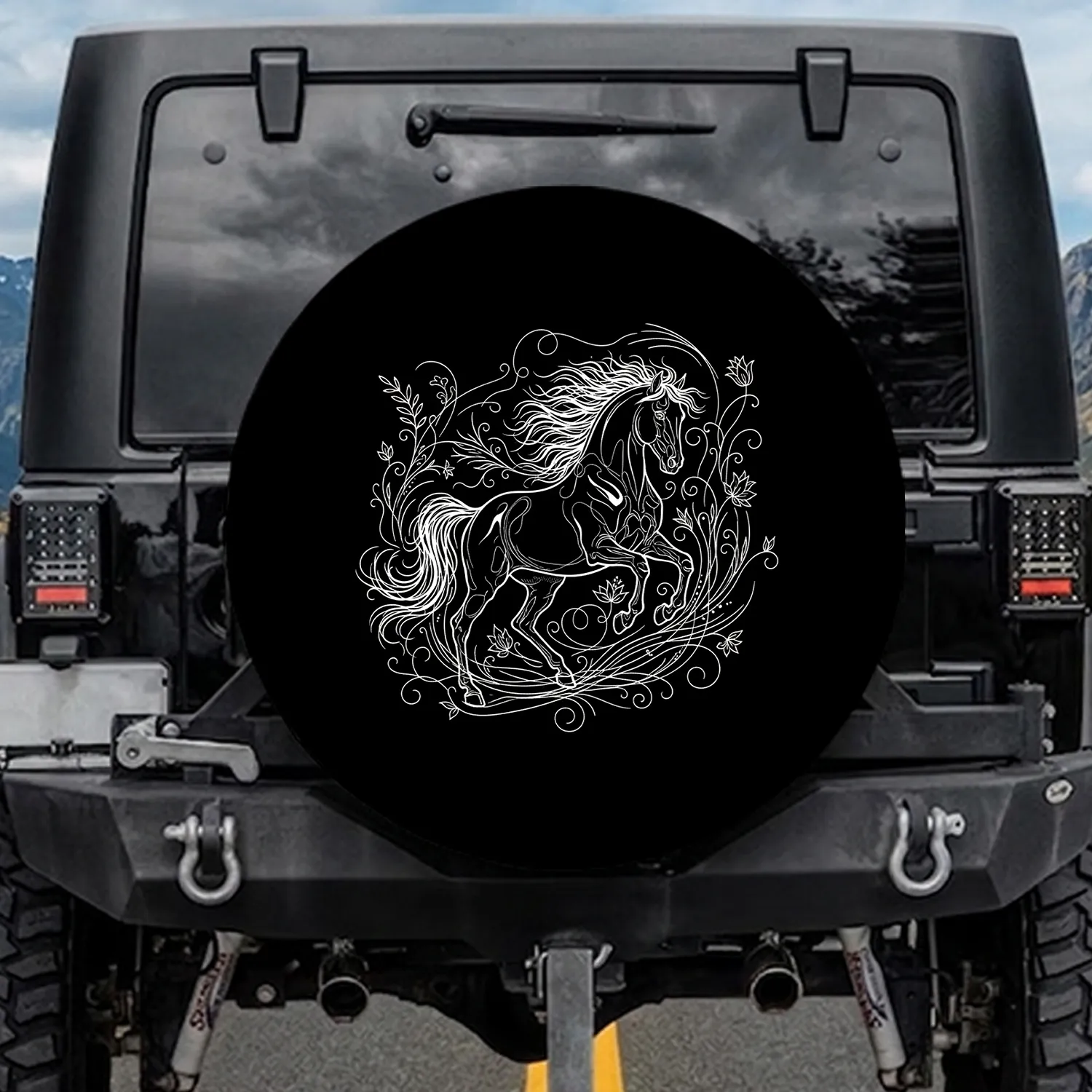 Prancing Horse Swirling Lines Wind Currents Floral Motifs - Horse Lover Gift Spare Tire Cover - 1