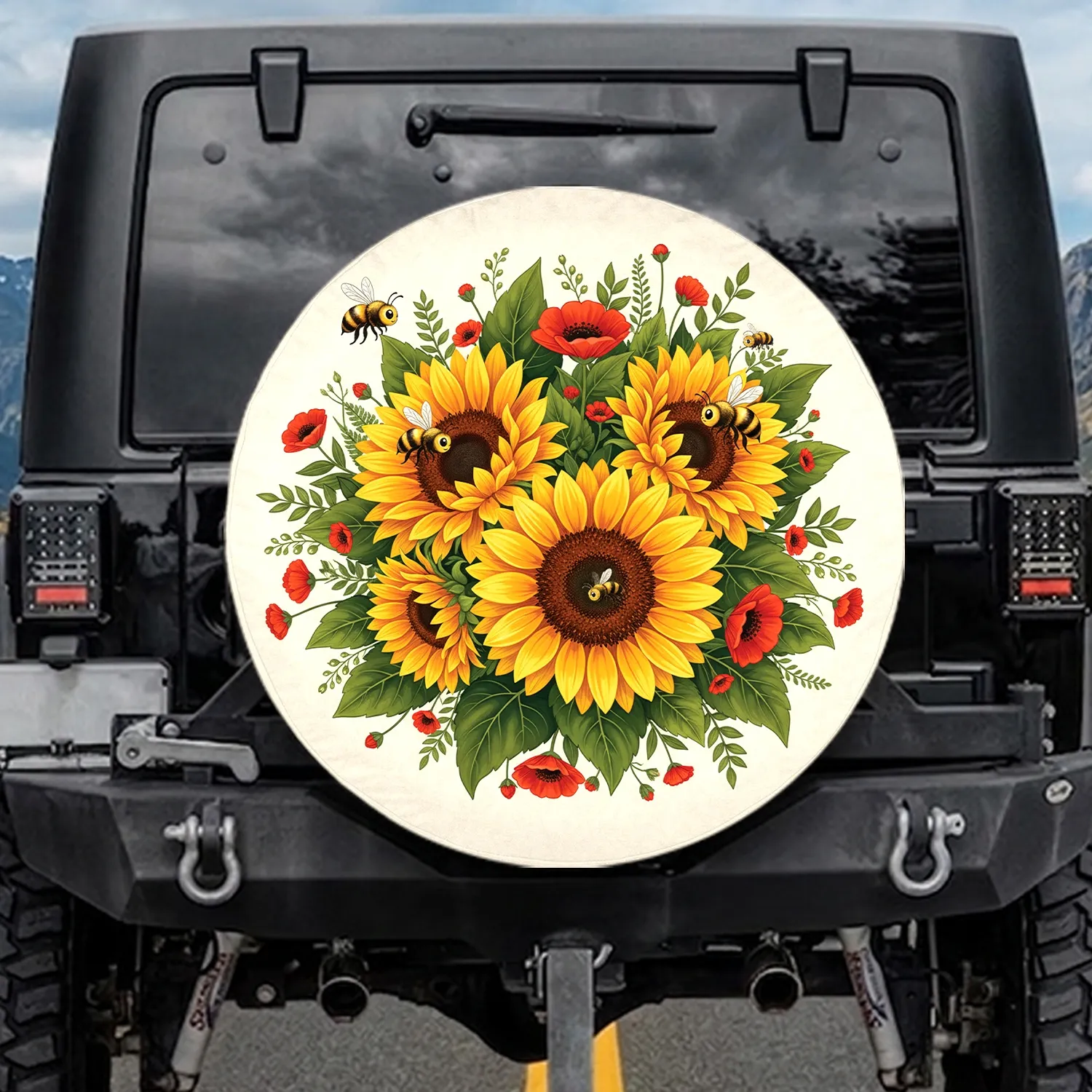 Golden Sunflowers Honey Bees Red Poppy Green Leaves Cream Floral Field - Garden Lover Gift Spare Tire Cover - 1