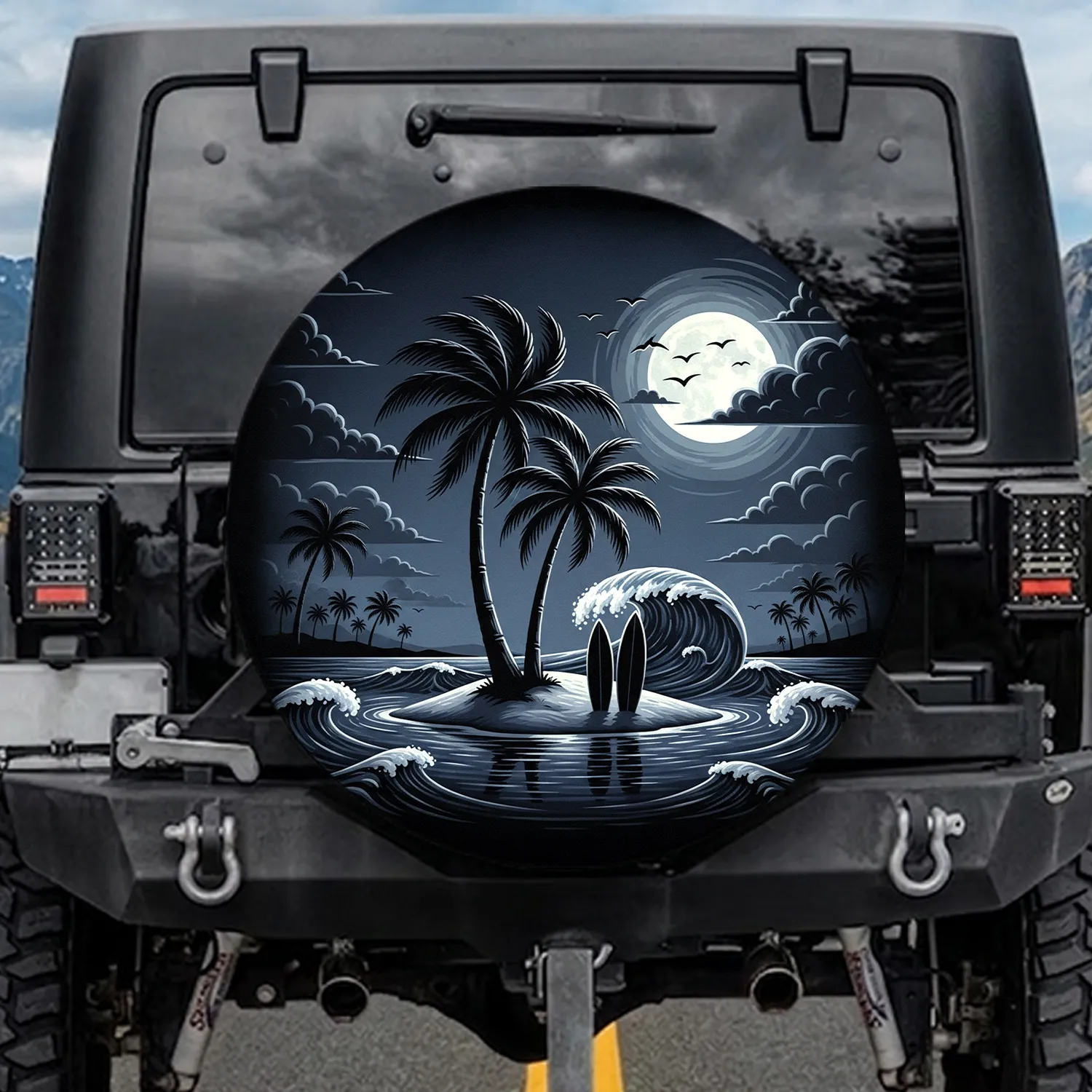 Palm Trees Ocean Wave Surfboards Island Beach Scene - Beach Life Road Trip Gift for Surfer Spare Tire Cover - 1