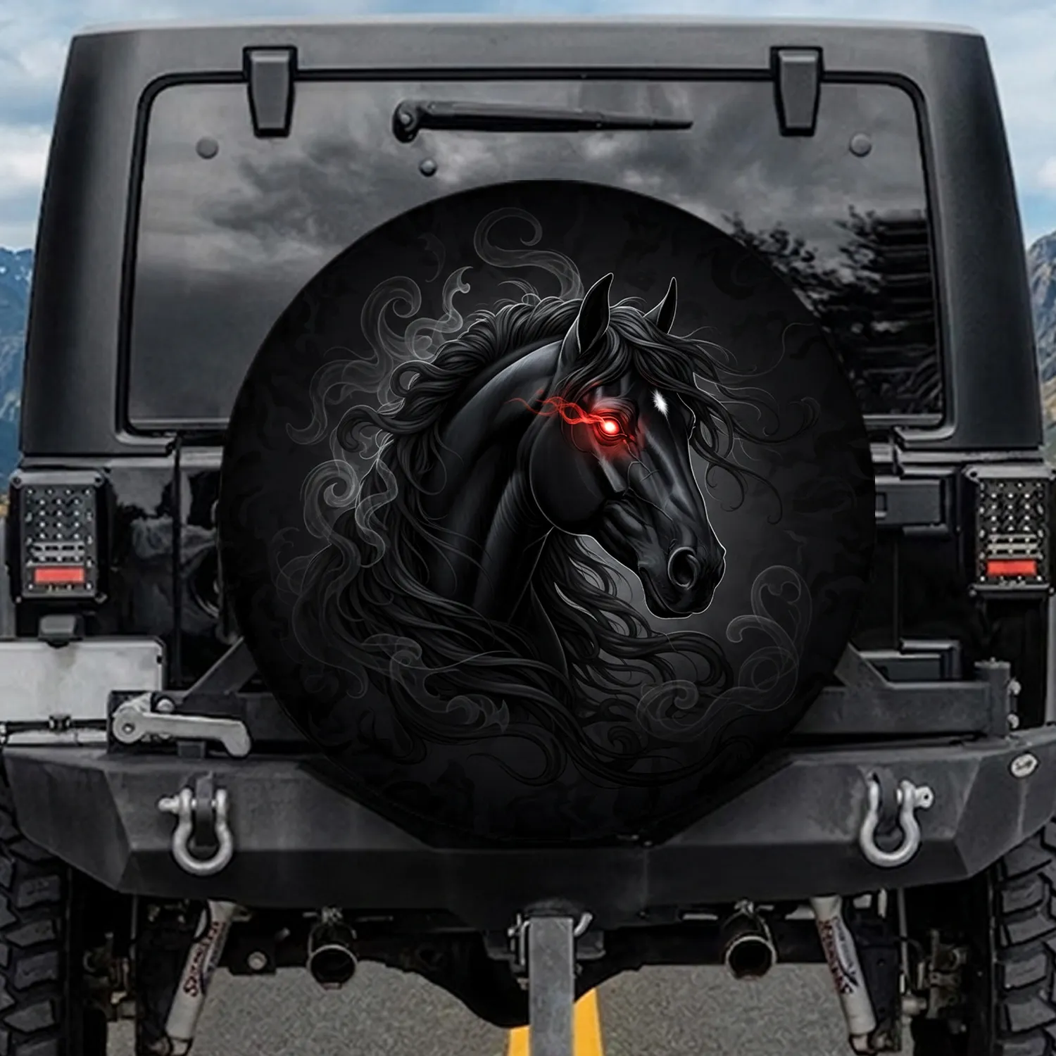 Black Horse Head Red Eye Wildlife Lover Gift for Horse Lover Spare Tire Cover - 1