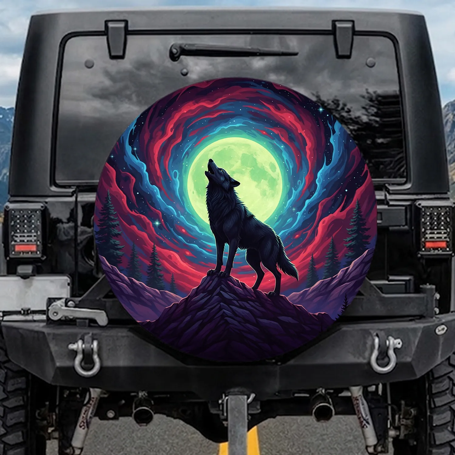 Black Wolf Moon Mountain - Wildlife Lover Gift for Outdoor Explorer Spare Tire Cover - 1