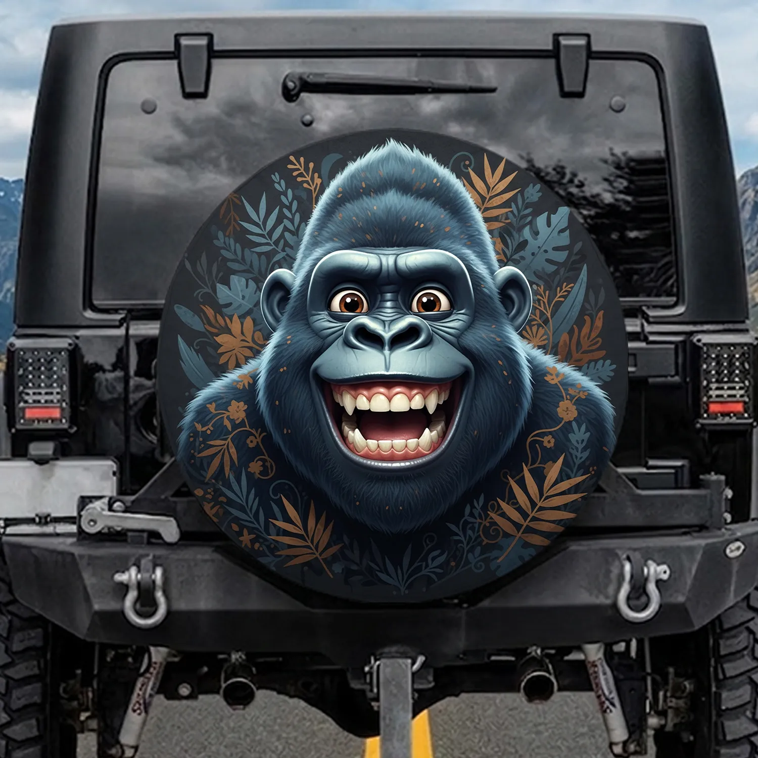 Mischievous Smiling Blue Gorilla Face with Teeth and Wide Eyes Jungle - Adventure Seeker Gift Spare Tire Cover - 1