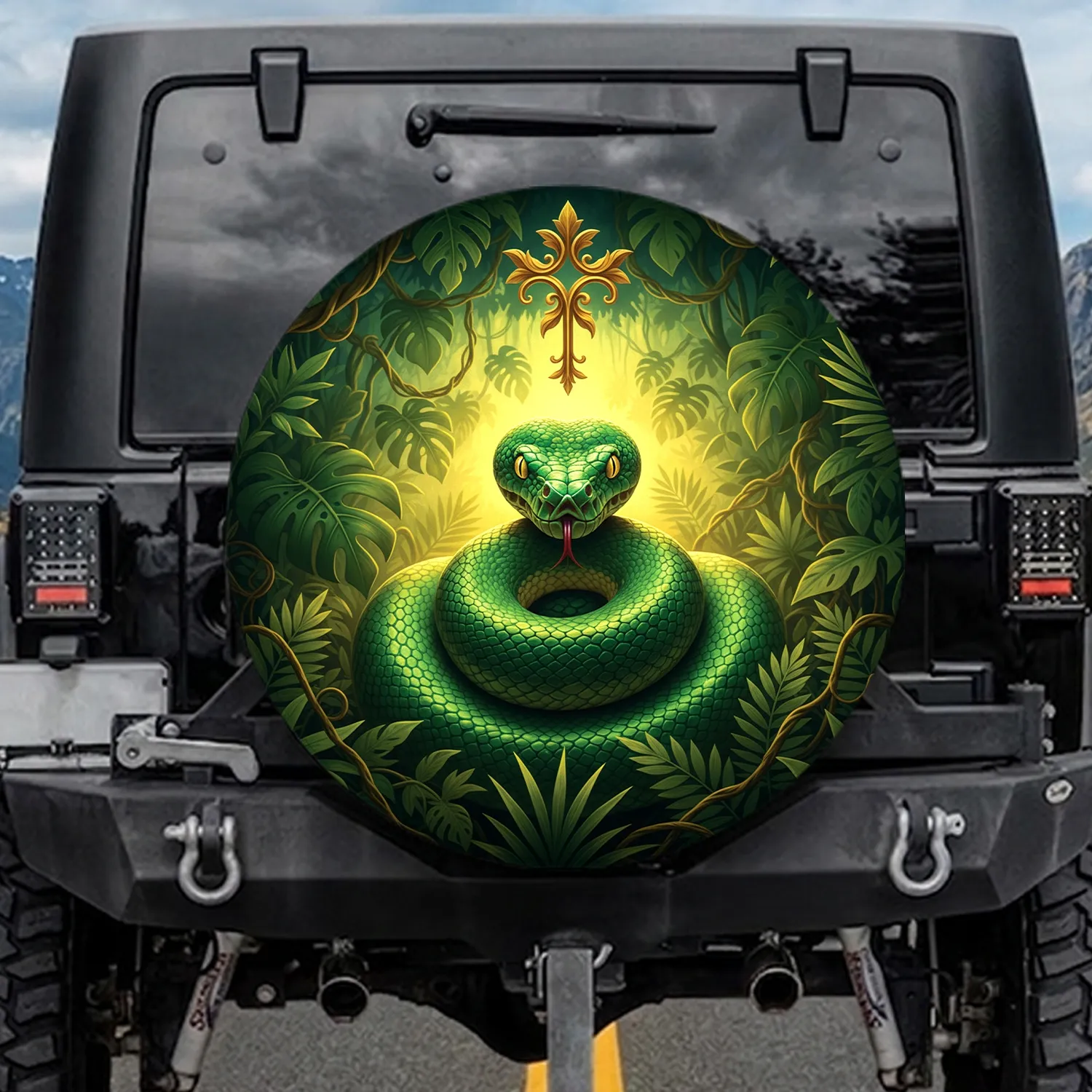 Coiled Green Snake Golden Ornate Key Tropical Jungle Ethereal Glow - Wildlife Lover Gift Spare Tire Cover - 1