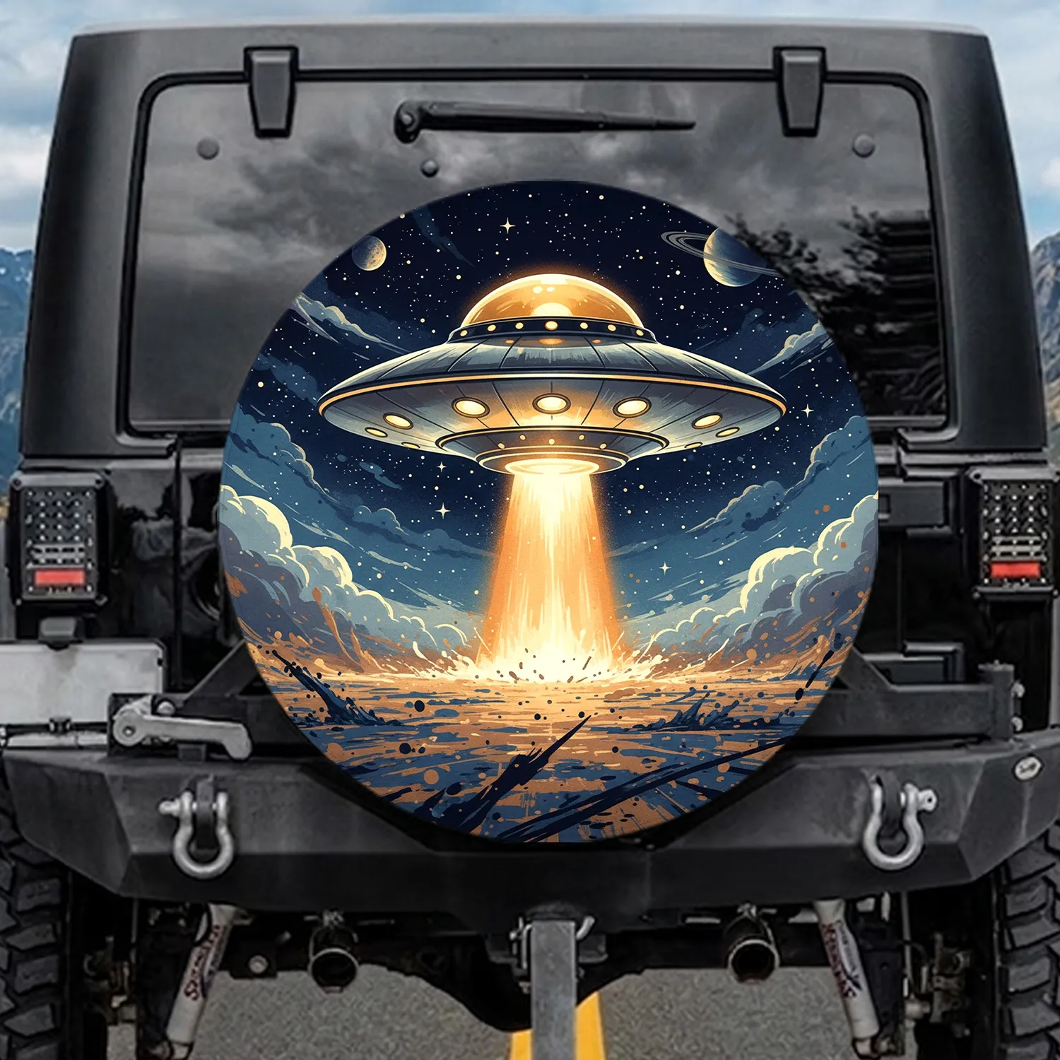 Classic Flying Saucer UFO Stars Planet - Space Enthusiast Gift Spare Tire Cover - 1