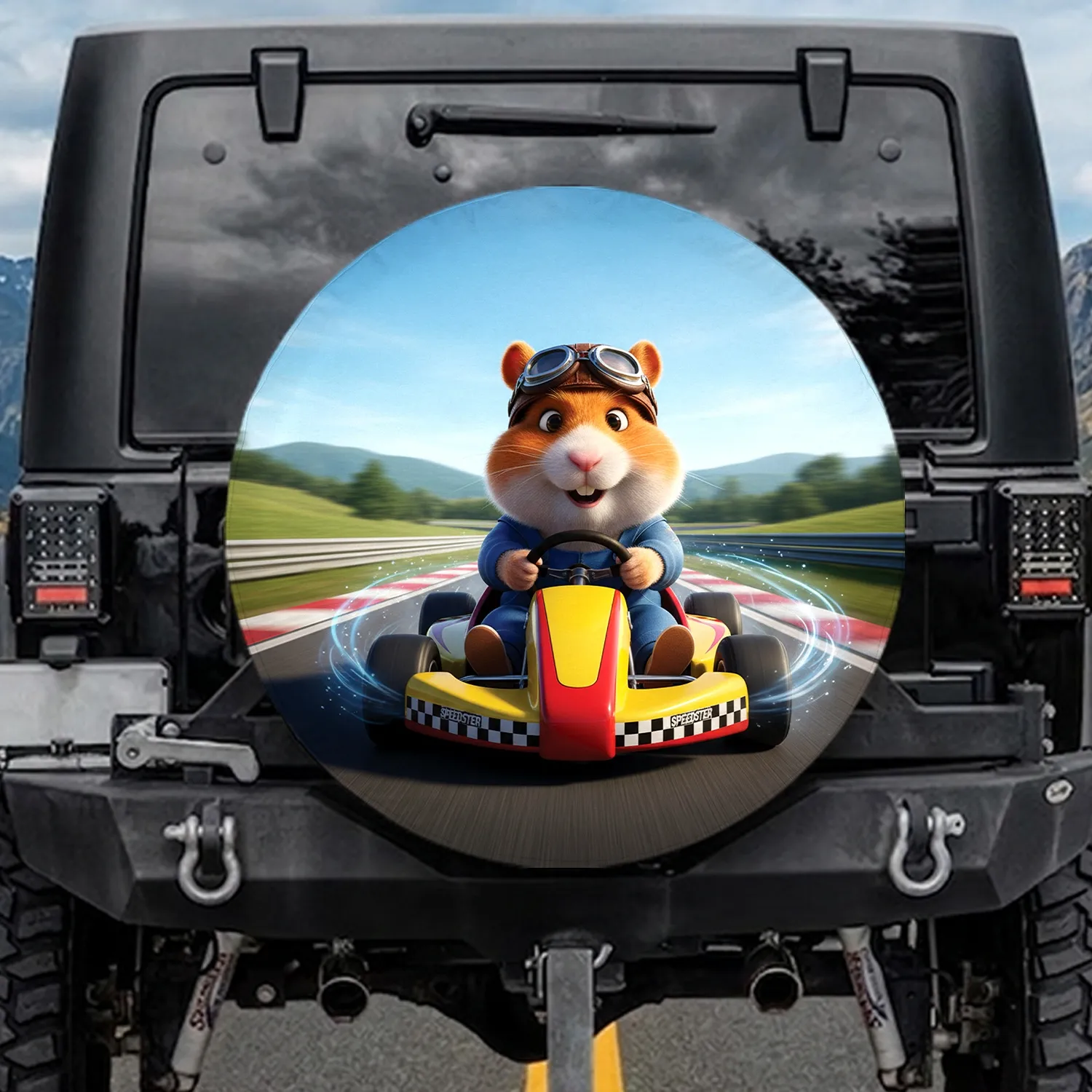 Hamster Go-Kart Checkered Aviator Helmet Green Hills Racetrack - Racing Fan Gift Spare Tire Cover - 1