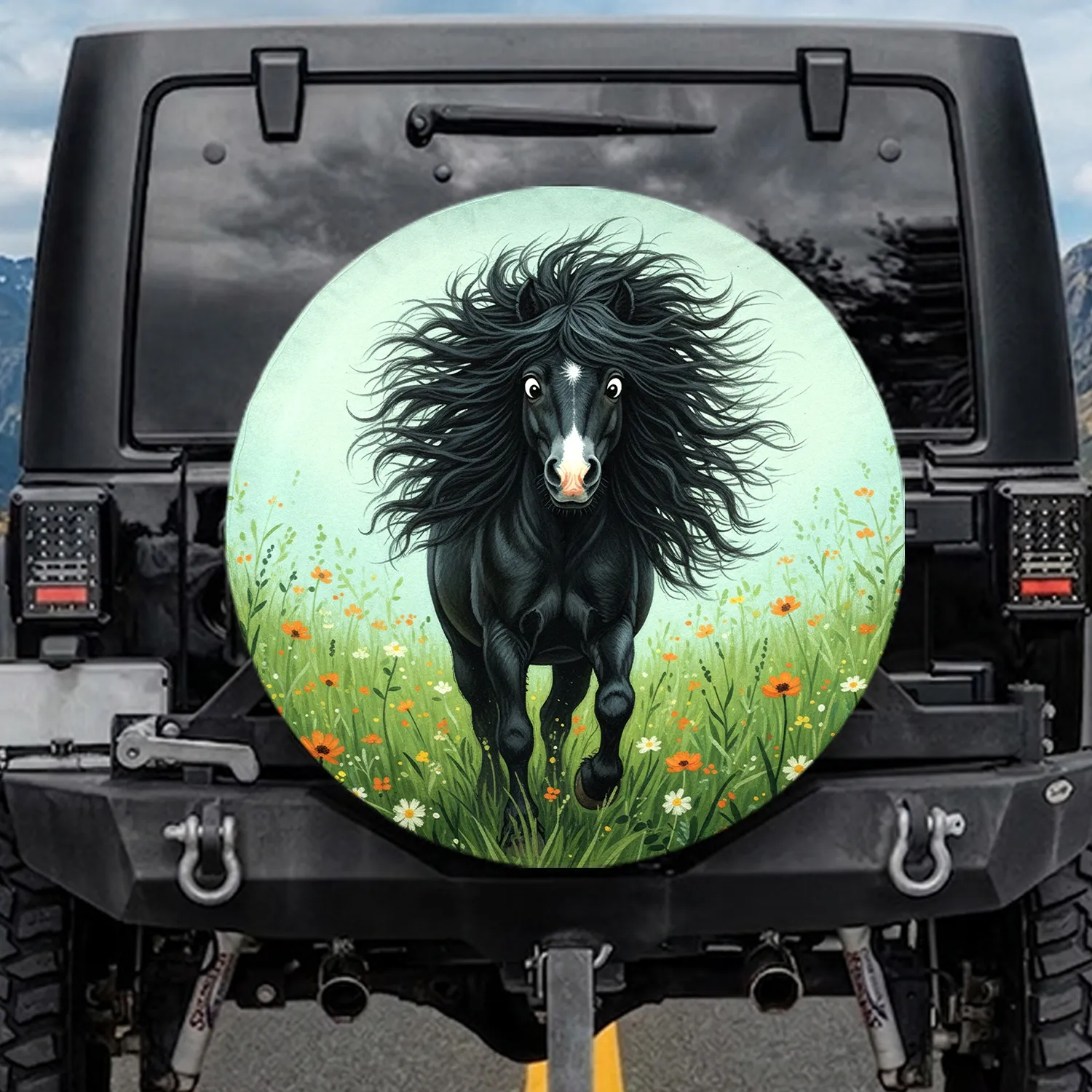 Black Pony Wild Mane Wildflower Grass Field Sky - Wildlife Lover Gift for Horse Owners Spare Tire Cover - 1