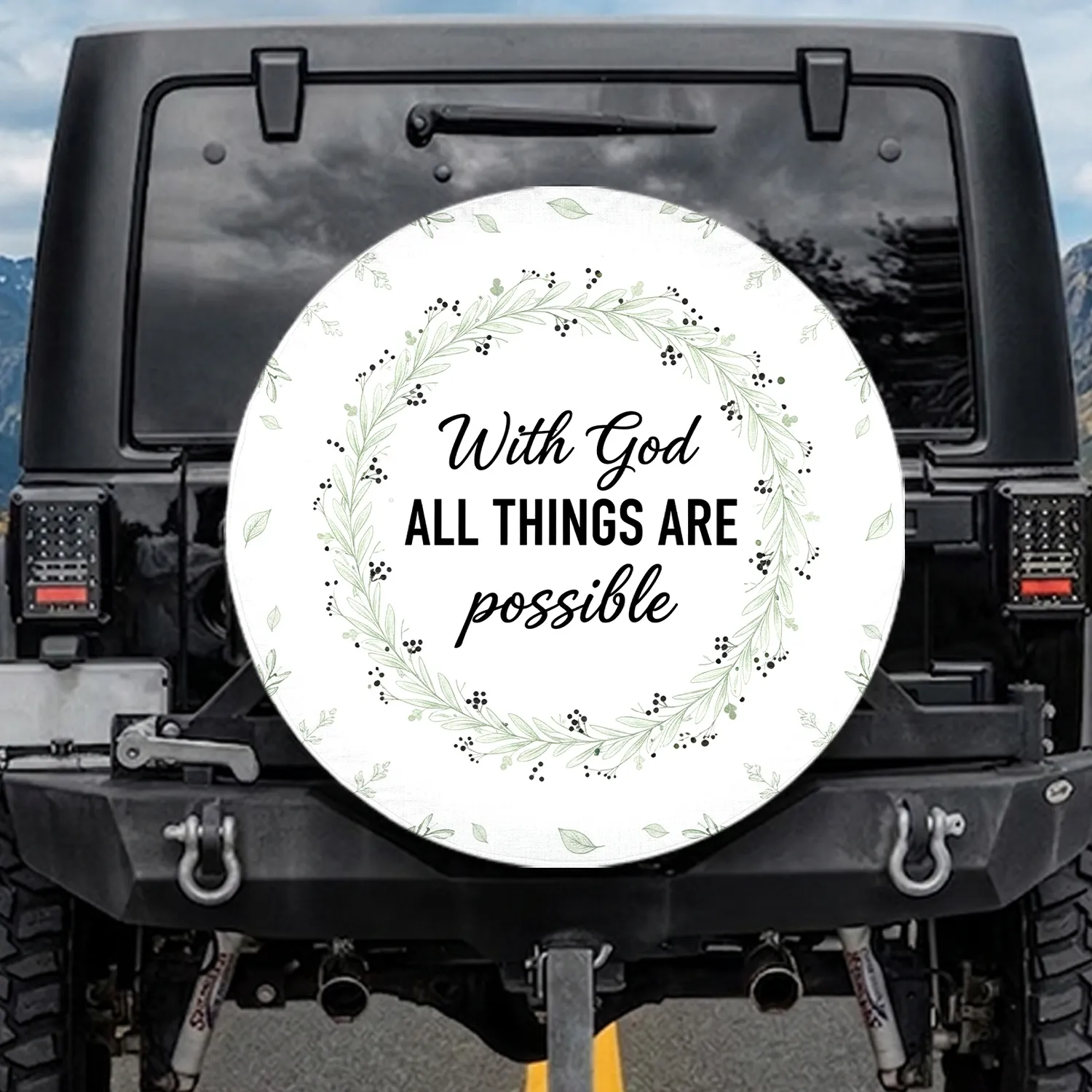 With God All Things Are Possible Quote Botanical Wreath - Christian Faith Lifestyle Gift Spare Tire Cover - 1