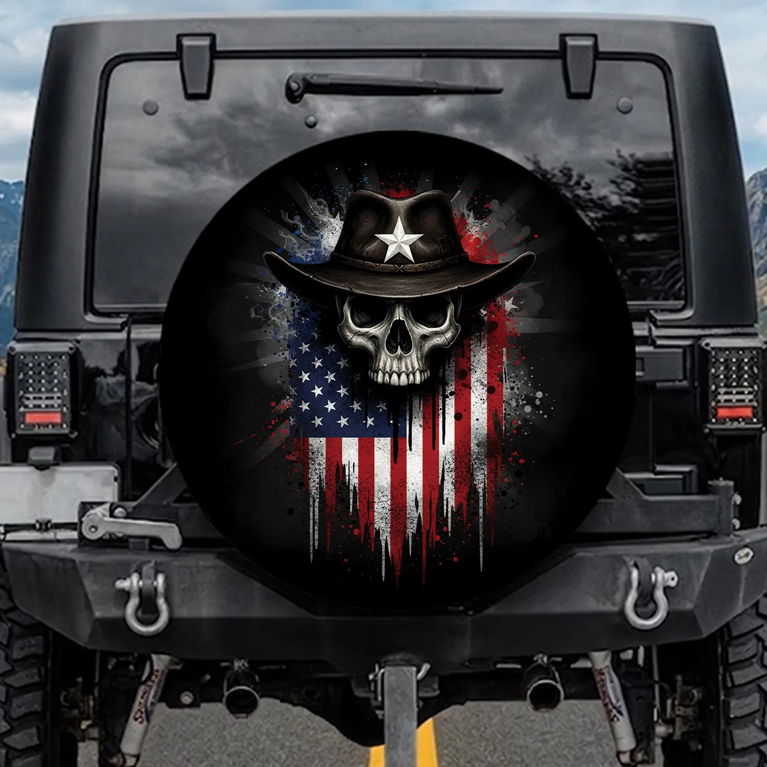 Skull Hat American Flag Distressed - Independence Day Gift for Veterans Spare Tire Cover - 1