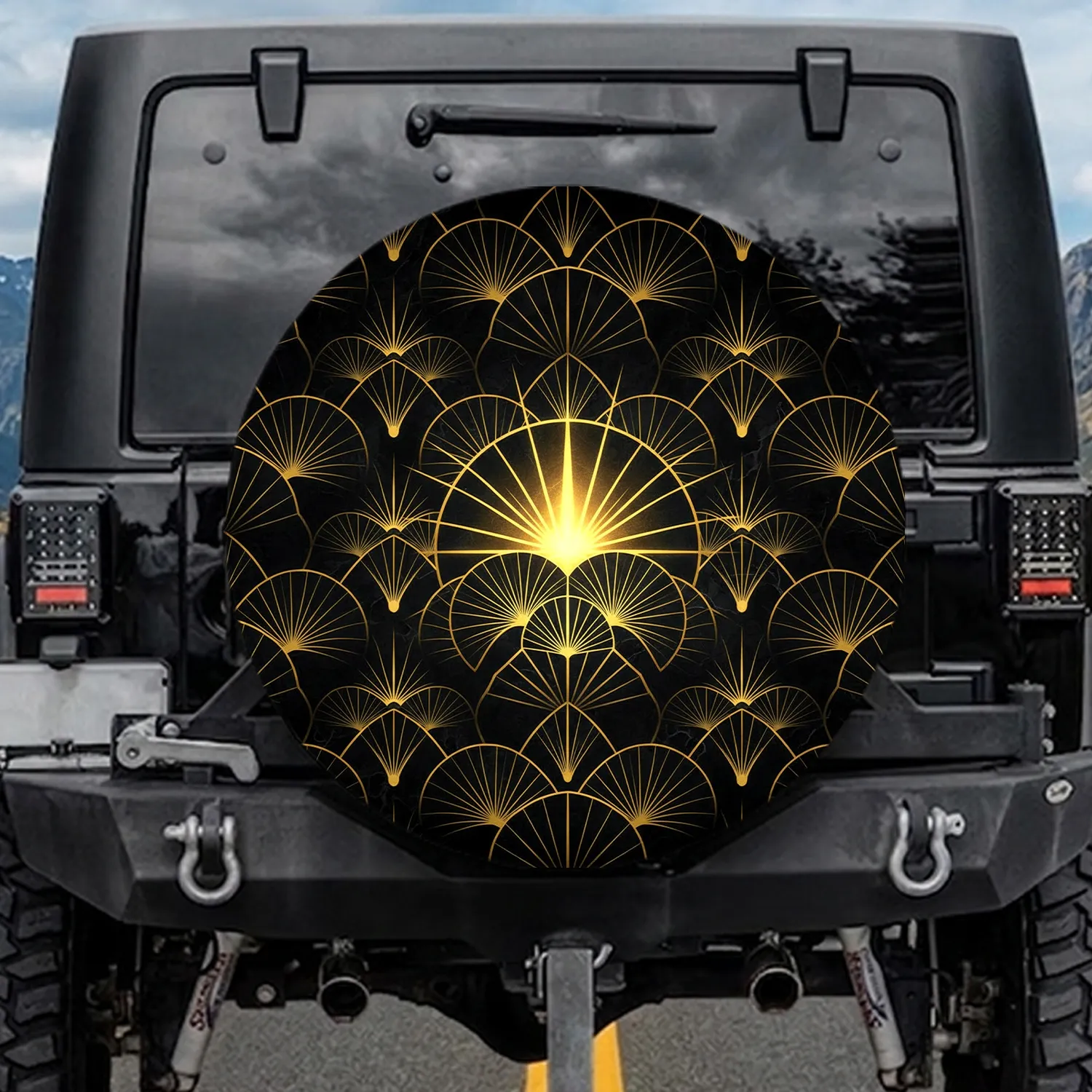 Deep Black Symmetric Interconnected Art Deco Golden Fan Cluster - Outdoor Auto Accessory Spare Tire Cover - 1