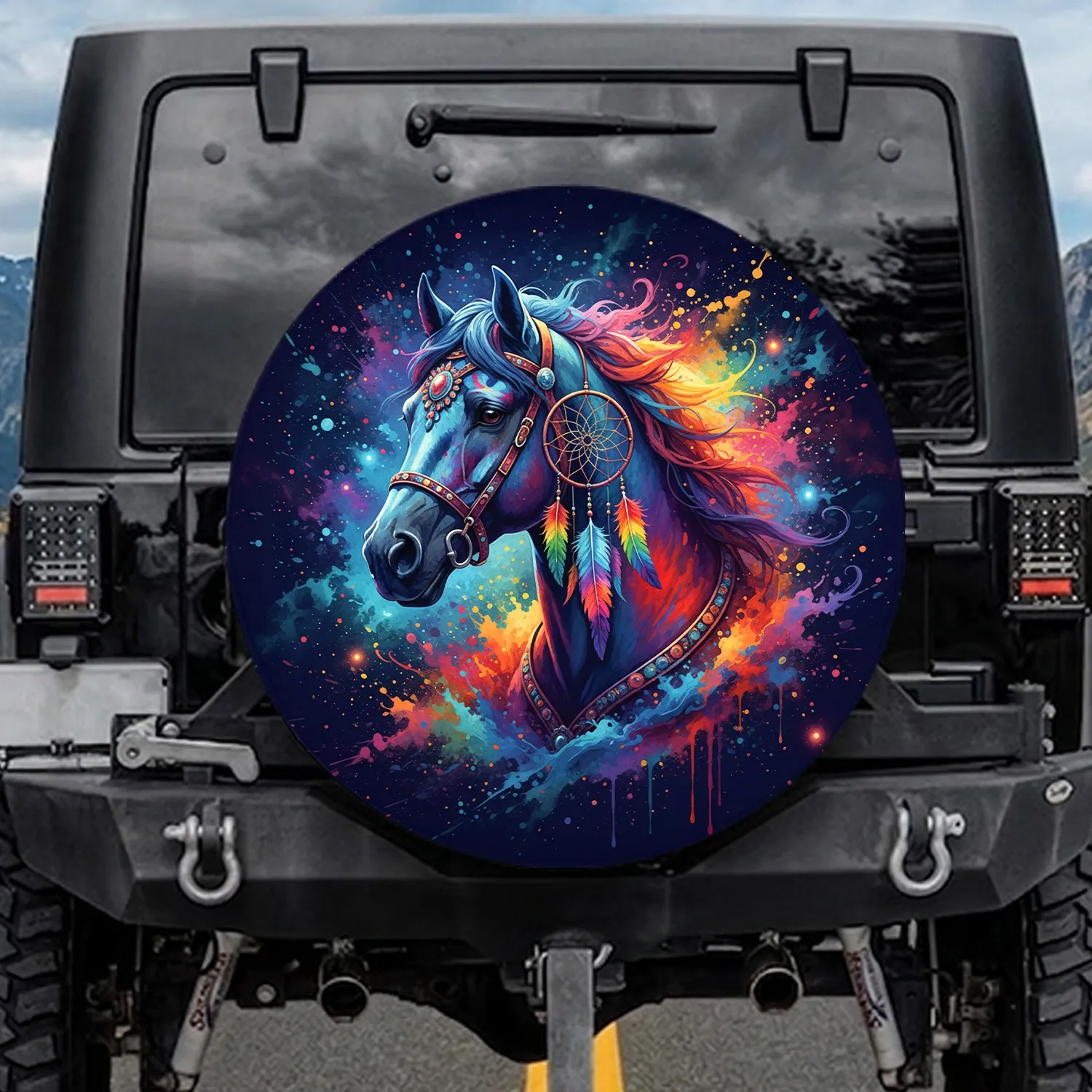 Majestic Horse Dreamcatcher Cosmic Nebula - Wildlife Lover Gift Spare Tire Cover - 1