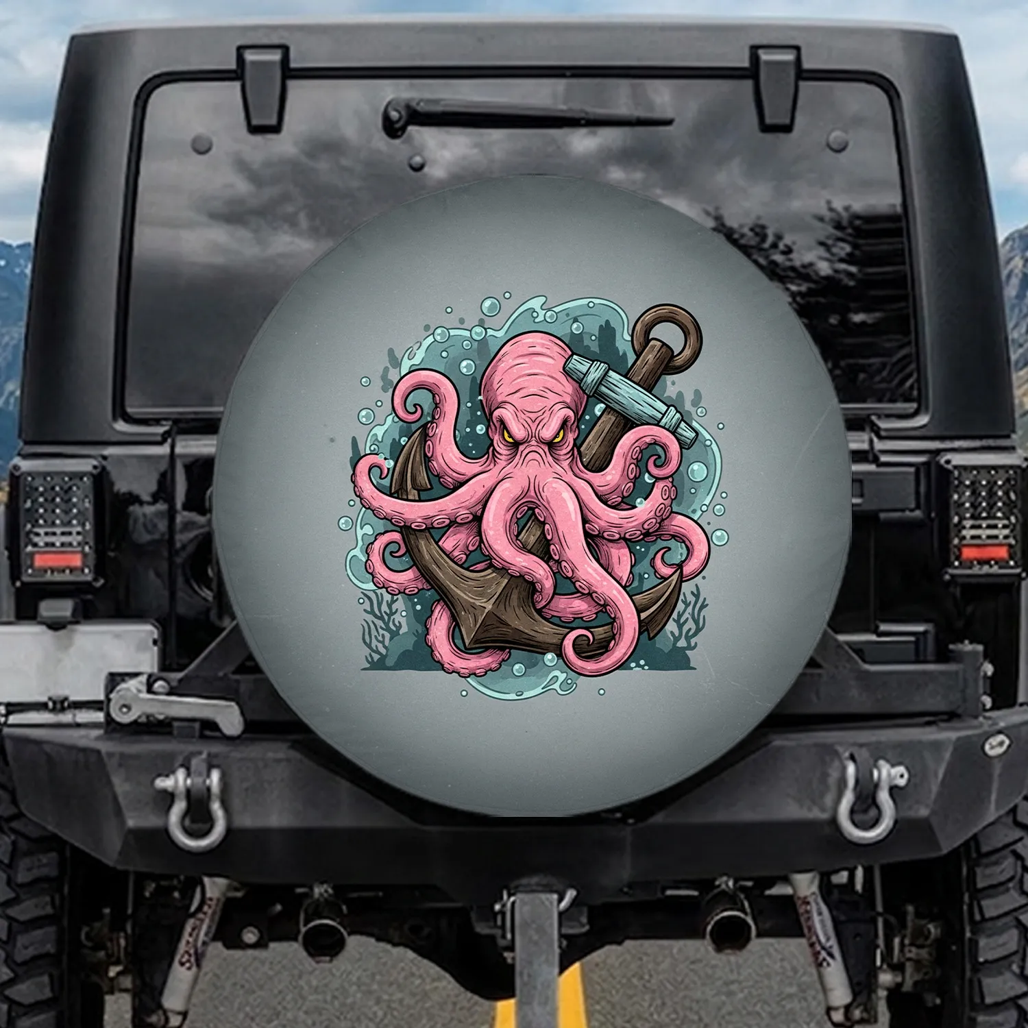 Angry Pink Octopus Anchor Underwater Lover Gift for Ocean Life Enthusiast Spare Tire Cover - 1