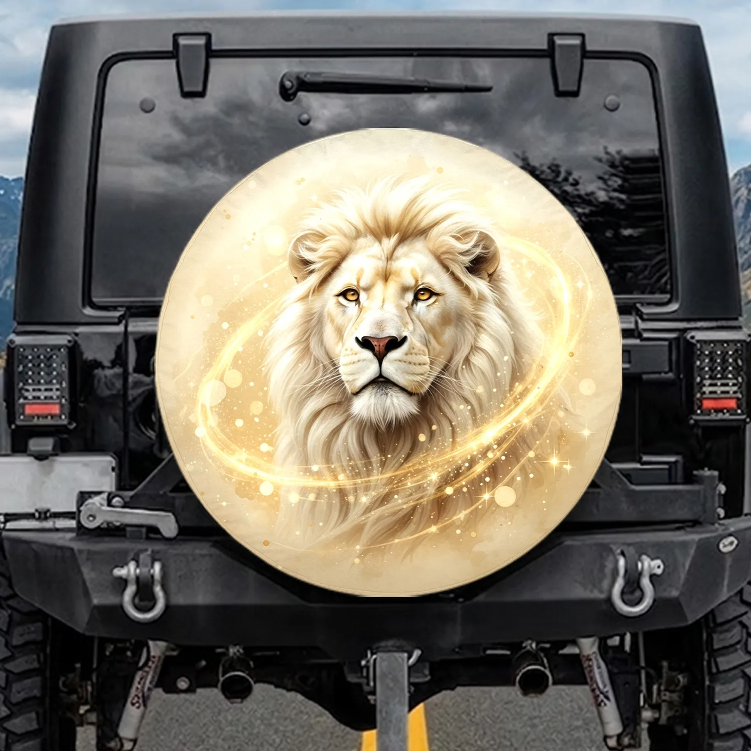Majestic White Lion Head Golden Energy Ethereal Stardust - Regal Wildlife Gift Spare Tire Cover - 1